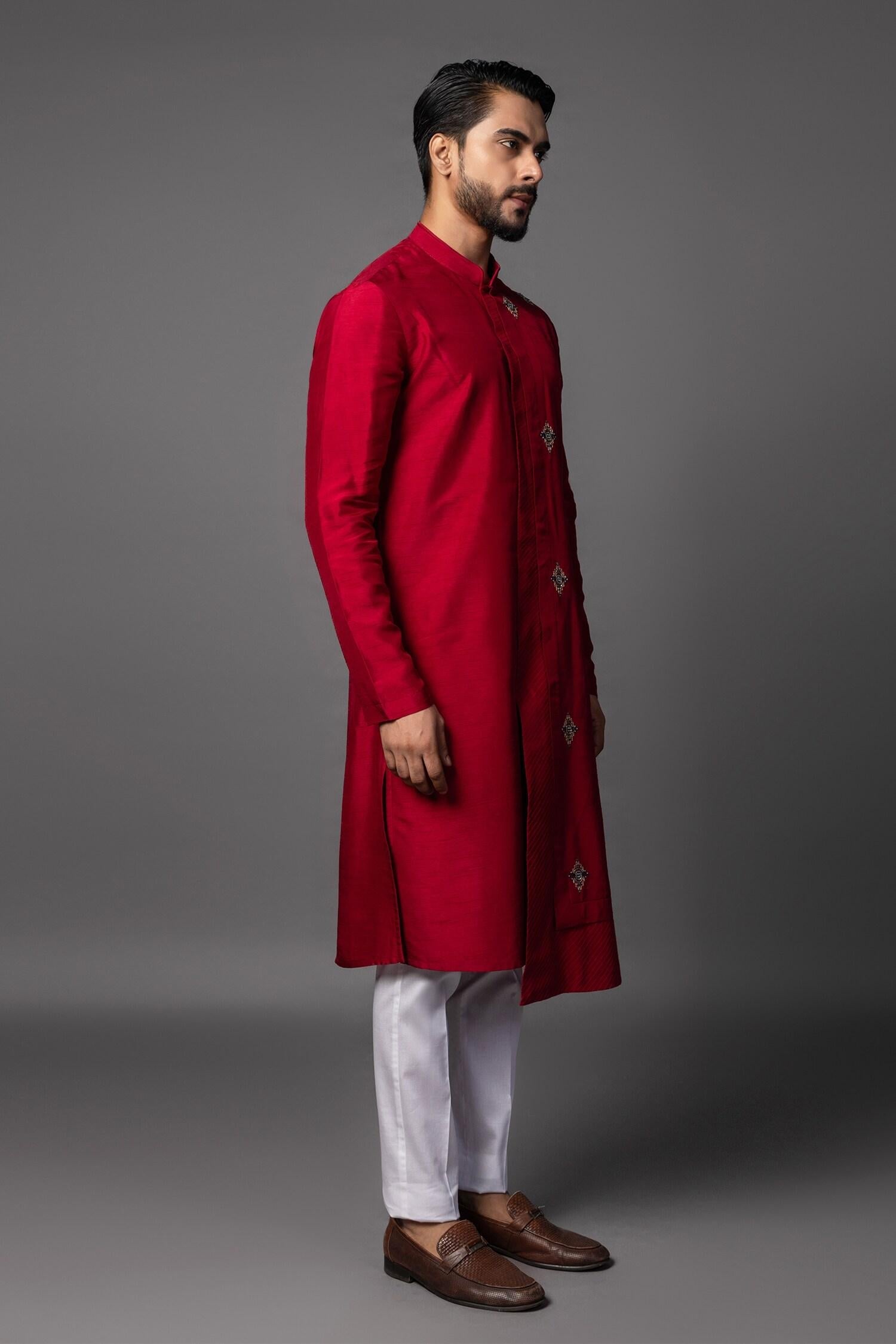 Kurta Set Red Bamboo Embroidery Kasuti Asymmetric