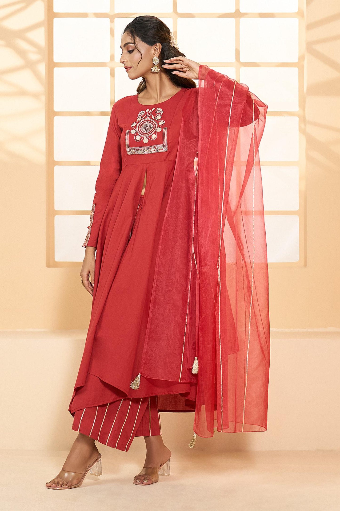 Red Cotton, Chiffon Embroidery Round Asymmetric Placement Anarkali Pant Set - Designer Kurta Set