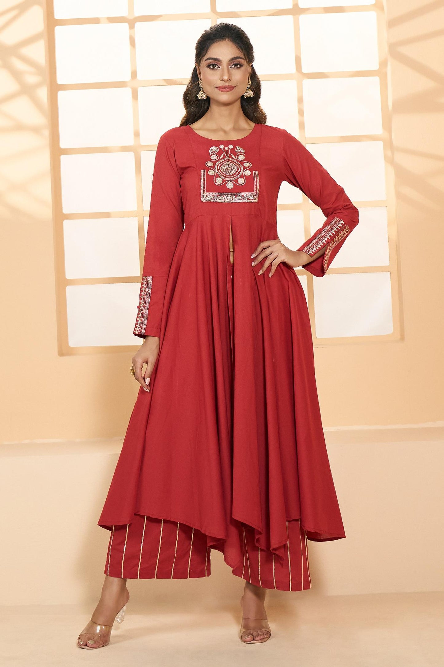 Red Cotton, Chiffon Embroidery Round Asymmetric Placement Anarkali Pant Set - Designer Kurta Set