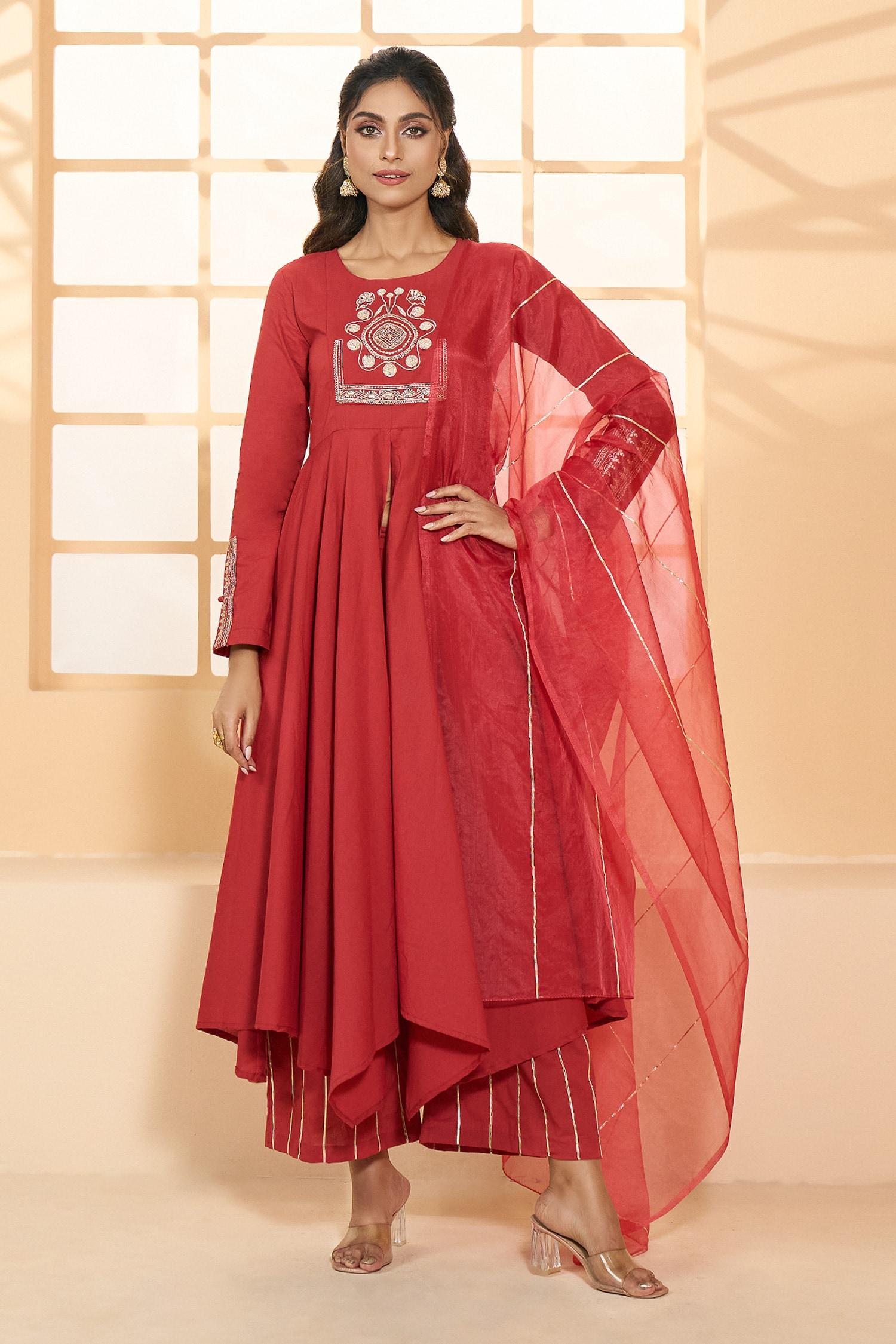 Red Cotton, Chiffon Embroidery Round Asymmetric Placement Anarkali Pant Set - Designer Kurta Set