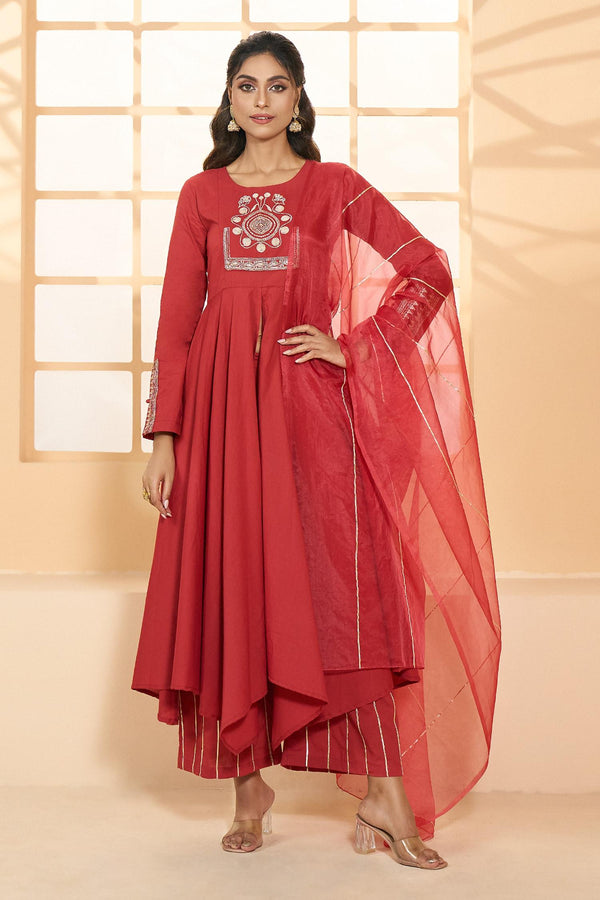 Red Cotton, Chiffon Embroidery Round Asymmetric Placement Anarkali Pant Set - Designer Kurta Set