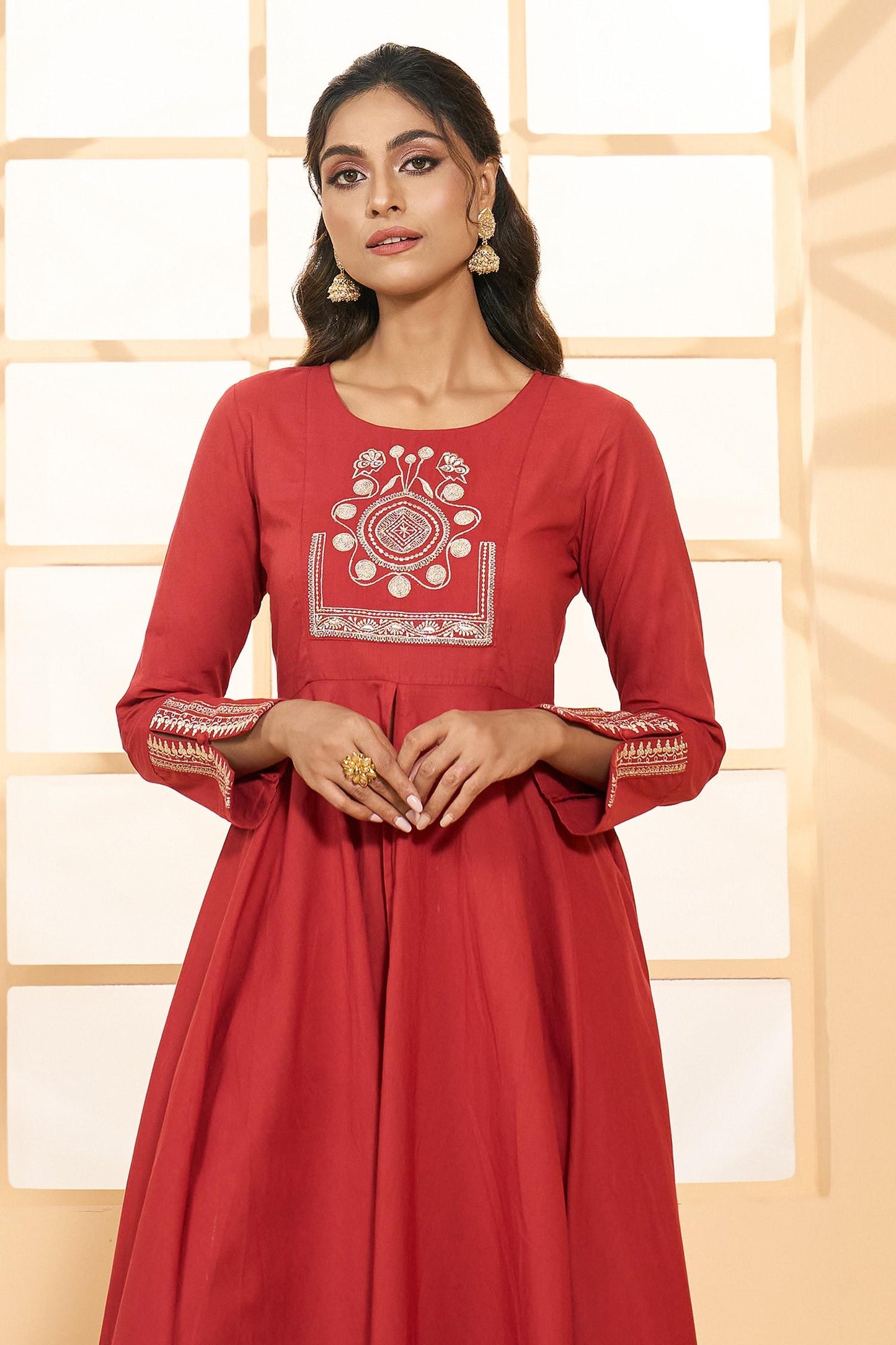 Red Cotton, Chiffon Embroidery Round Asymmetric Placement Anarkali Pant Set - Designer Kurta Set