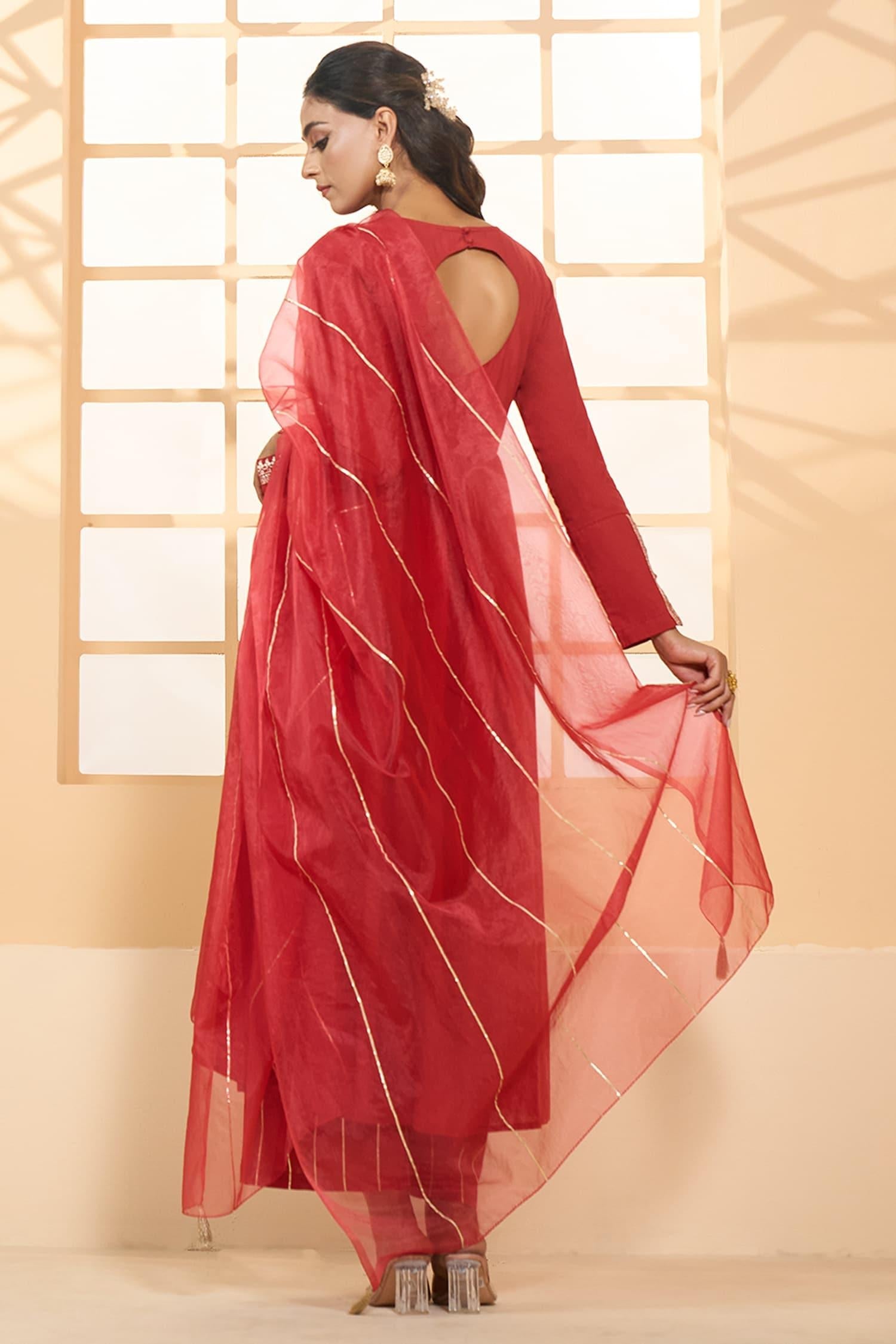 Red Cotton, Chiffon Embroidery Round Asymmetric Placement Anarkali Pant Set - Designer Kurta Set