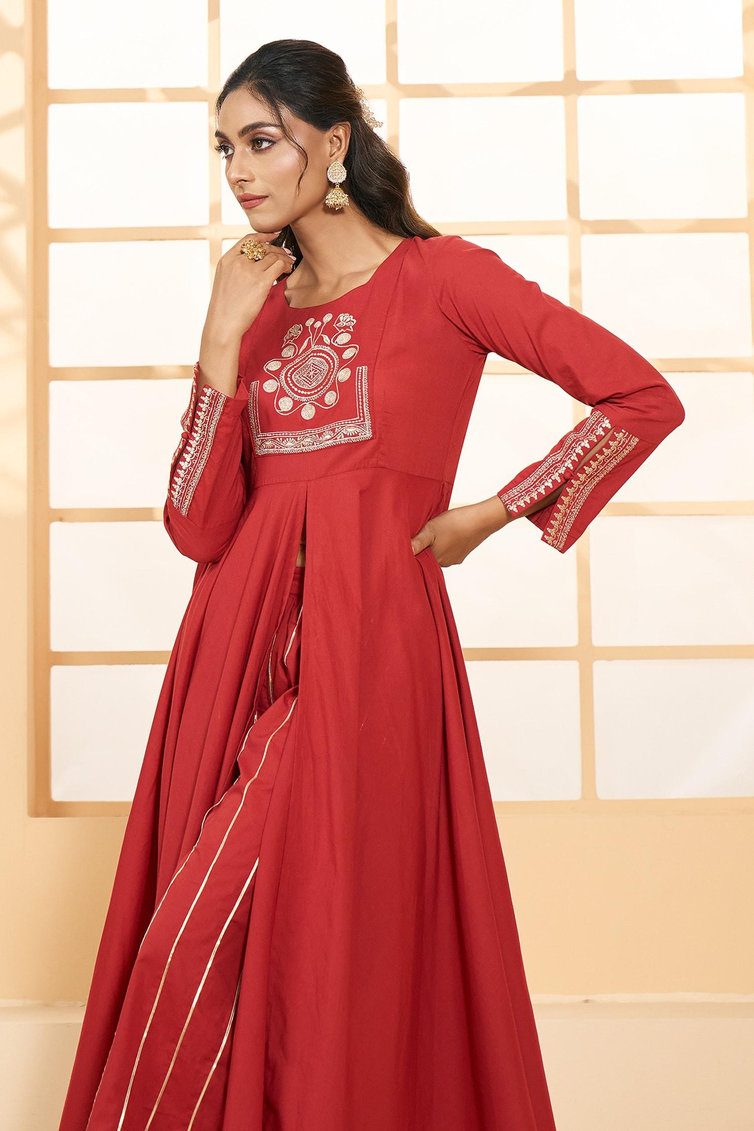 Red Cotton, Chiffon Embroidery Round Asymmetric Placement Anarkali Pant Set - Designer Kurta Set