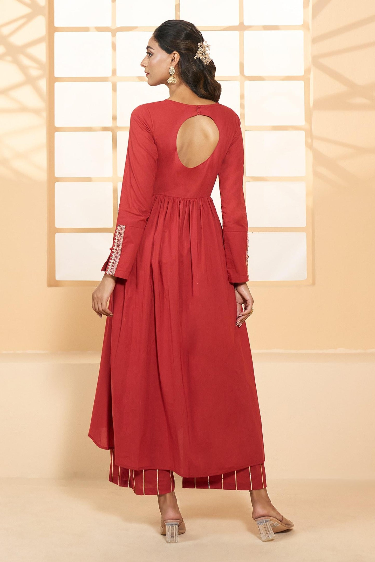 Red Cotton, Chiffon Embroidery Round Asymmetric Placement Anarkali Pant Set - Designer Kurta Set