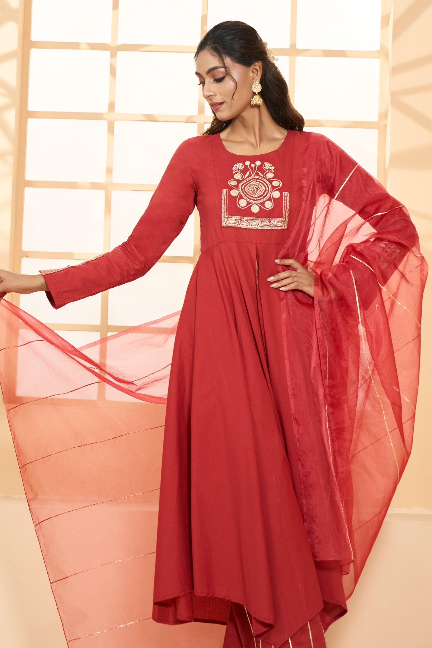 Red Cotton, Chiffon Embroidery Round Asymmetric Placement Anarkali Pant Set - Designer Kurta Set