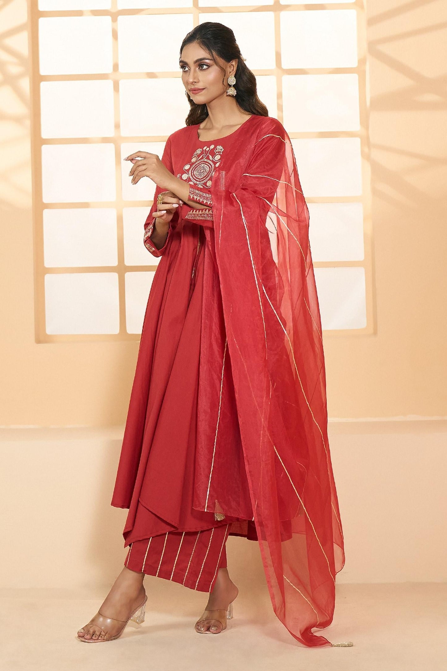 Red Cotton, Chiffon Embroidery Round Asymmetric Placement Anarkali Pant Set - Designer Kurta Set