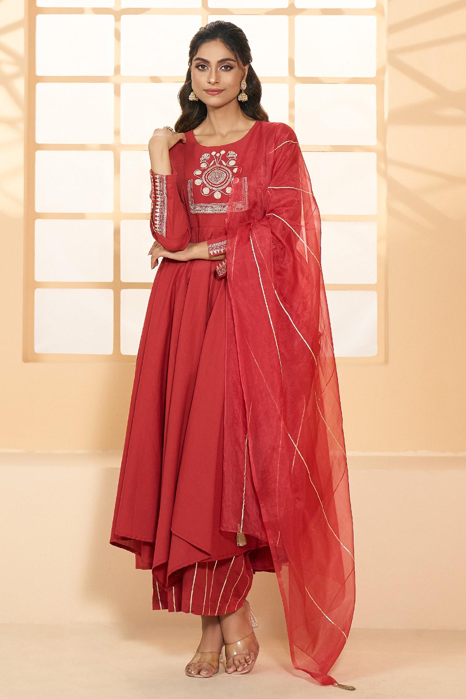 Red Cotton, Chiffon Embroidery Round Asymmetric Placement Anarkali Pant Set - Designer Kurta Set