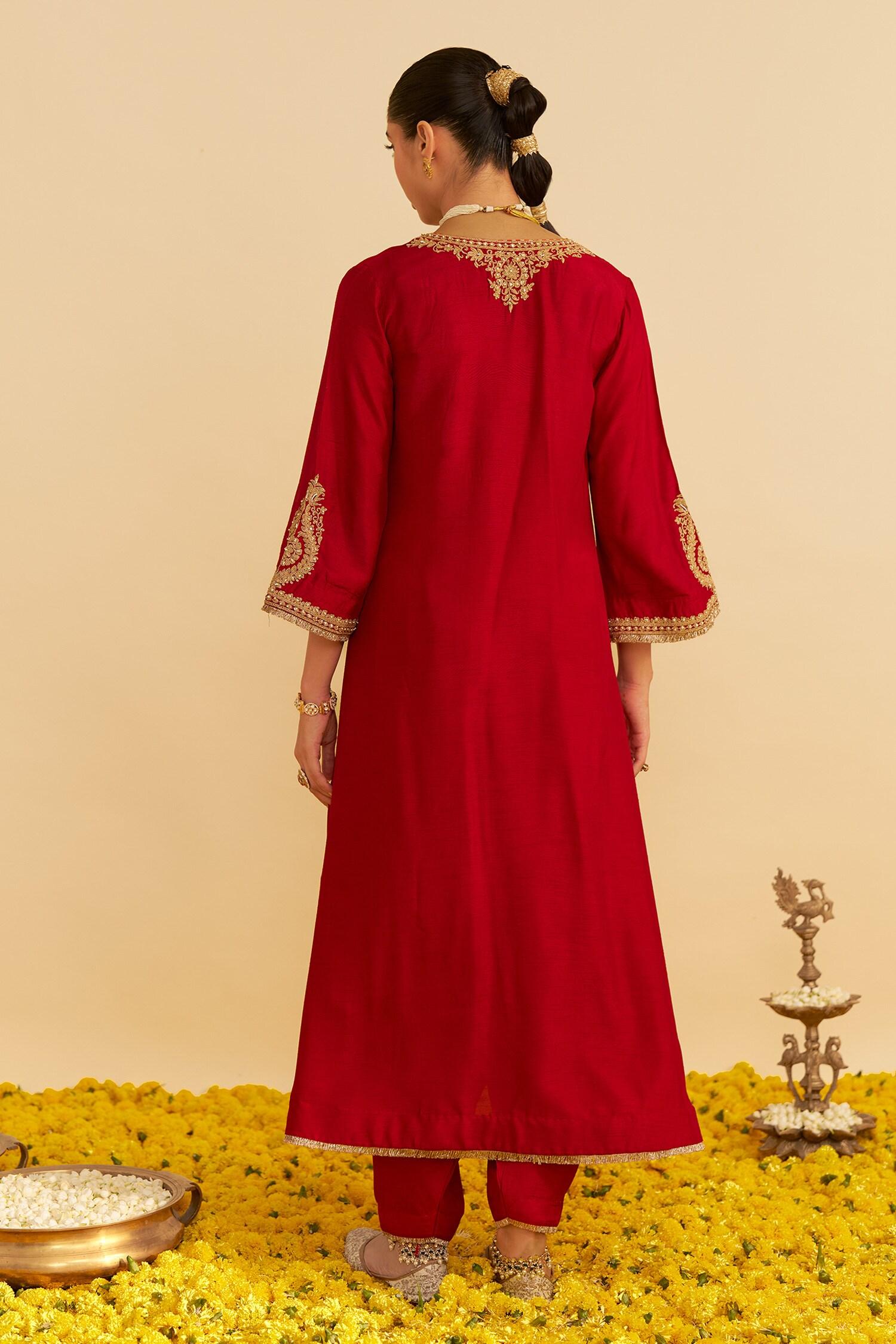 Red Embroidery Round Neck Haayat Kaftan Set - Designer Kurta Set