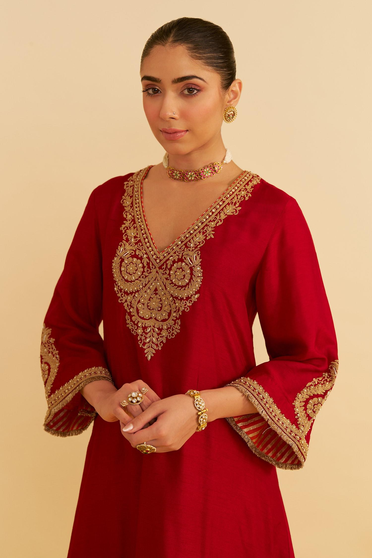 Red Embroidery Round Neck Haayat Kaftan Set - Designer Kurta Set
