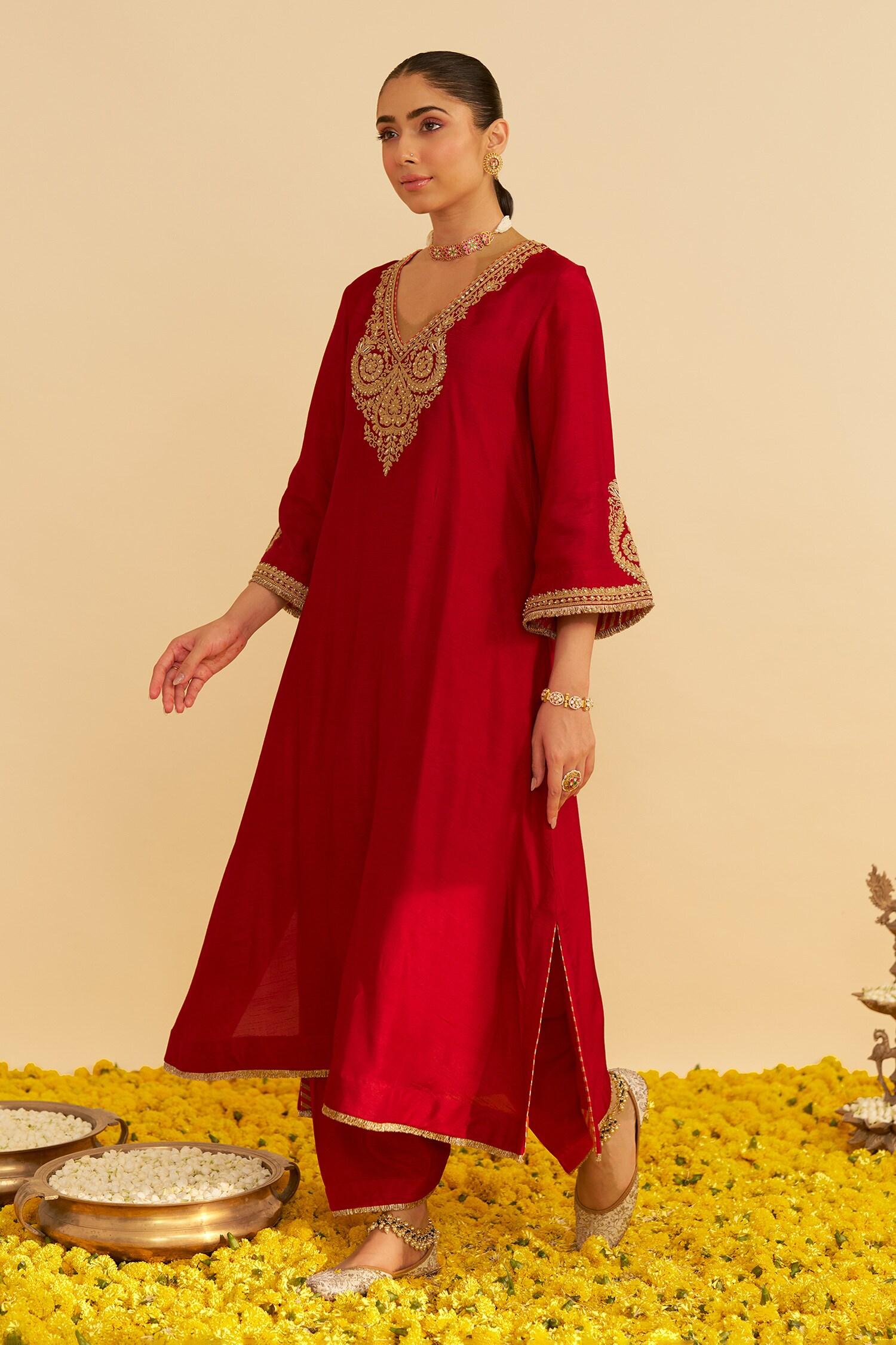 Red Embroidery Round Neck Haayat Kaftan Set - Designer Kurta Set