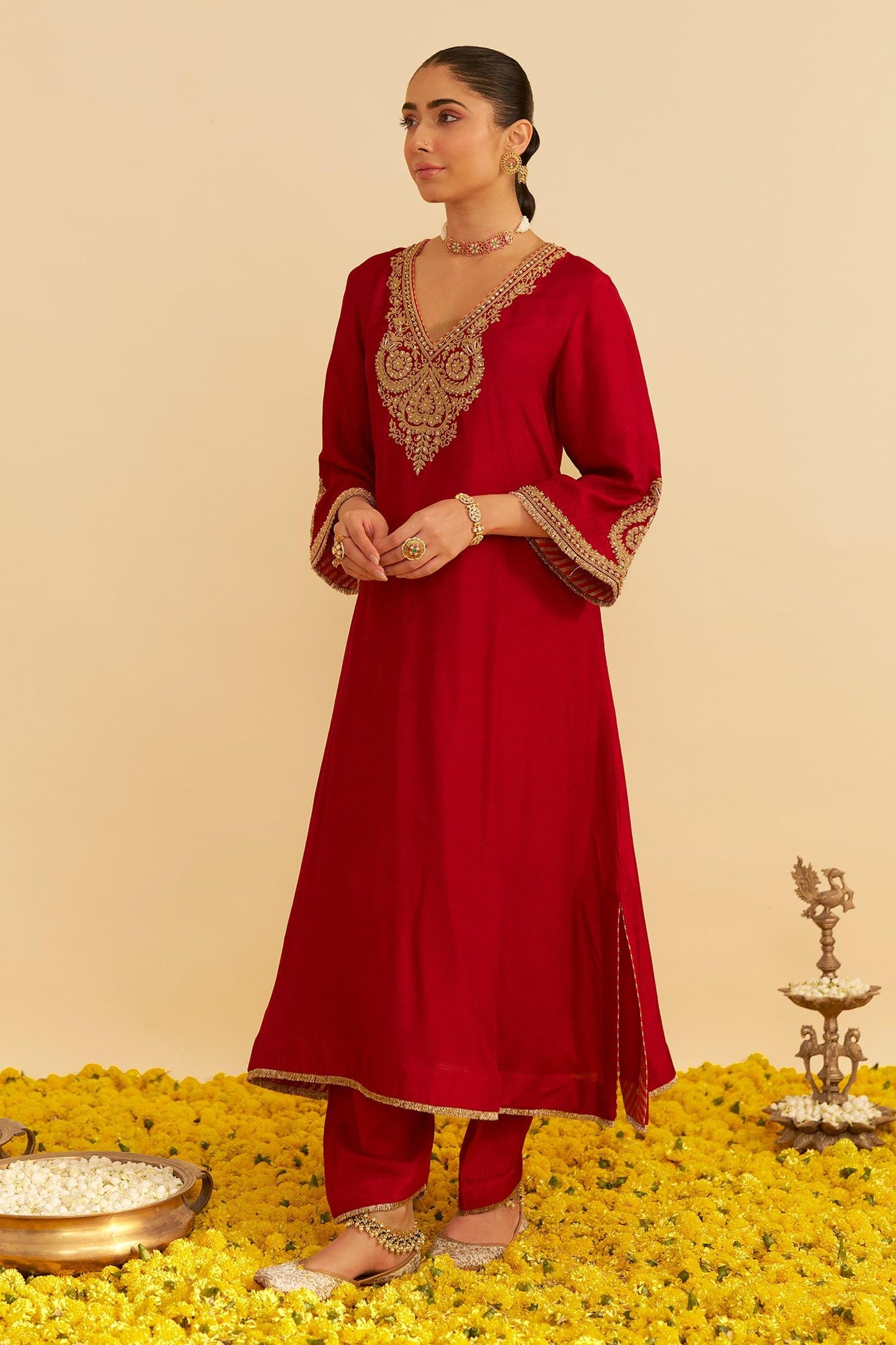 Red Embroidery Round Neck Haayat Kaftan Set - Designer Kurta Set