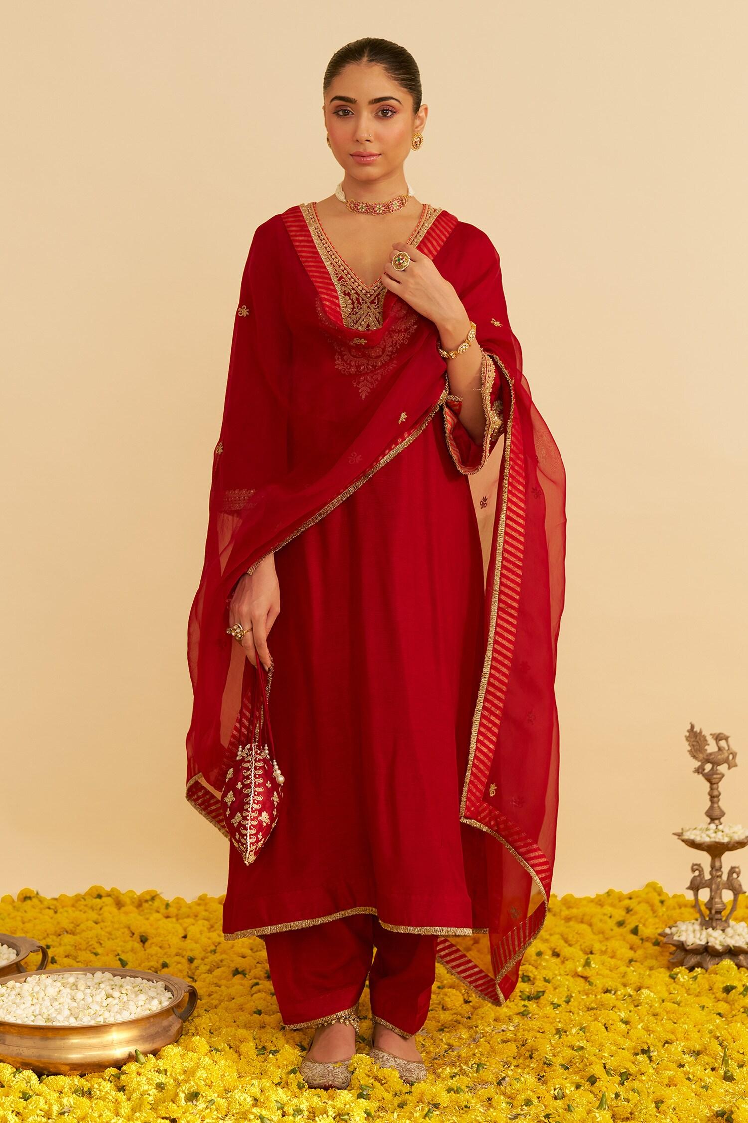 Red Embroidery Round Neck Haayat Kaftan Set - Designer Kurta Set