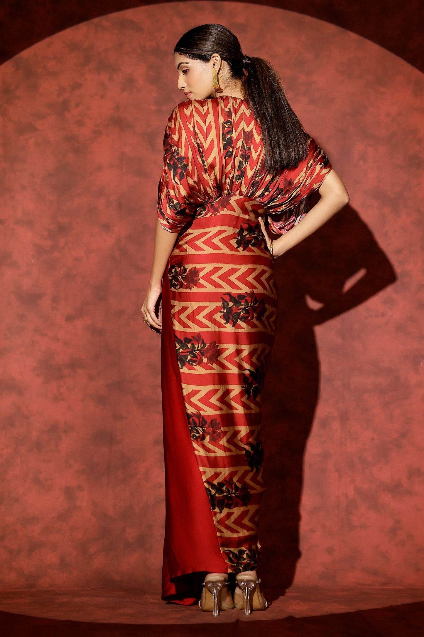 Red Georgette Round Neck Abstract Printed Satin Kaftan - Designer Kurta Set