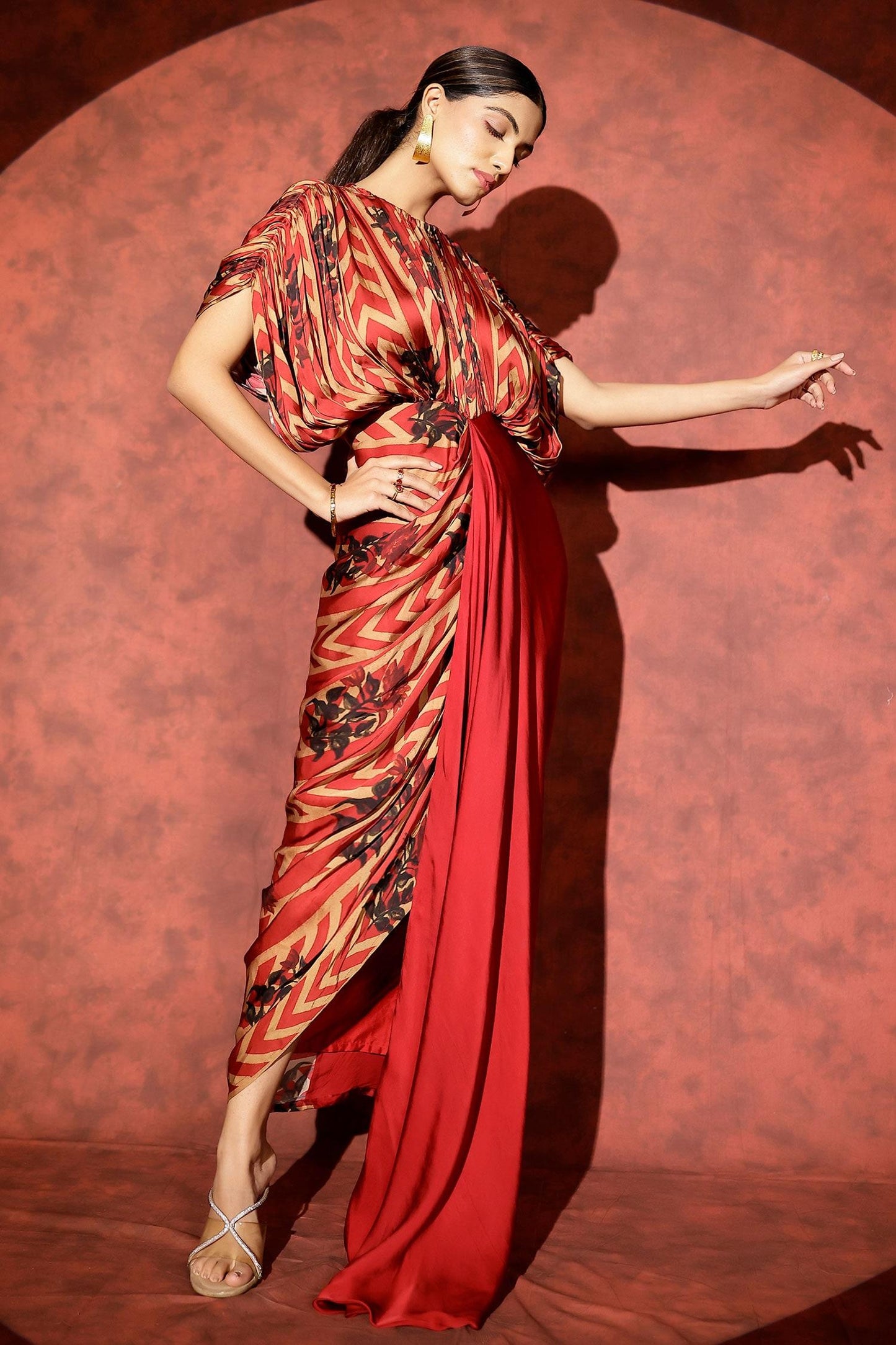 Red Georgette Round Neck Abstract Printed Satin Kaftan - Designer Kurta Set