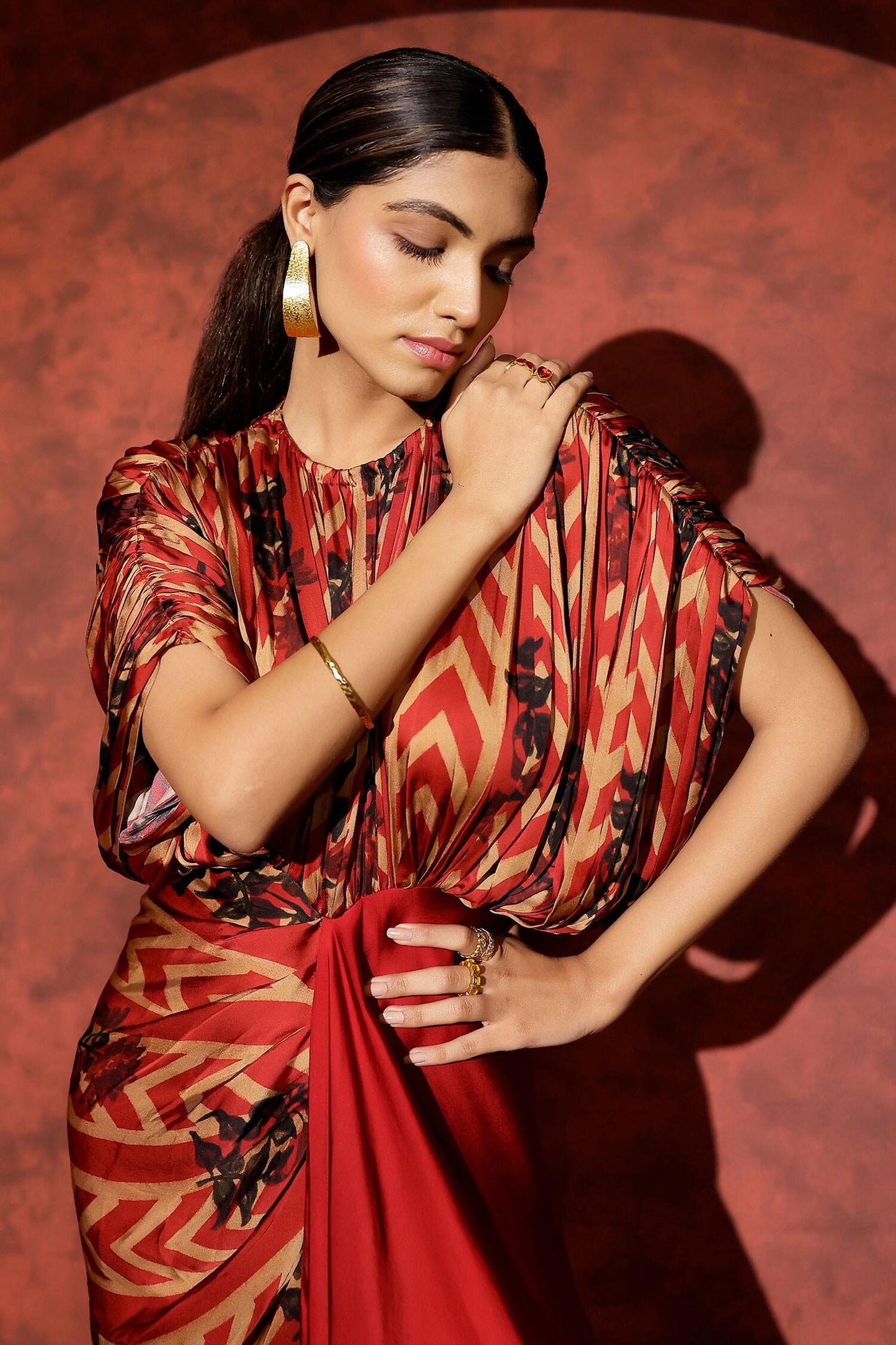 Red Georgette Round Neck Abstract Printed Satin Kaftan - Designer Kurta Set