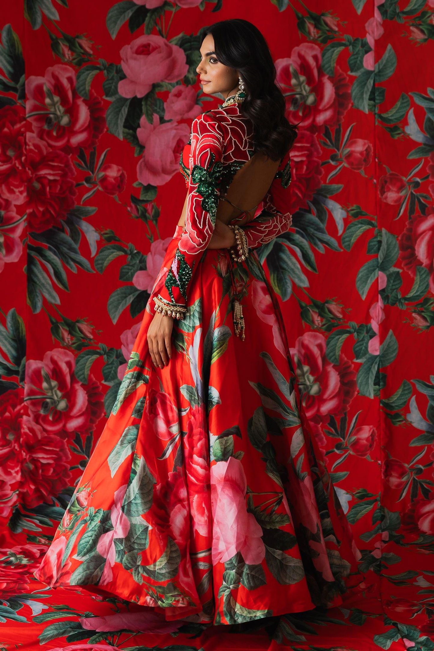 Red Net Sequins High Neck Gulaab Print Lehenga With Blouse - Designer Kurta Set