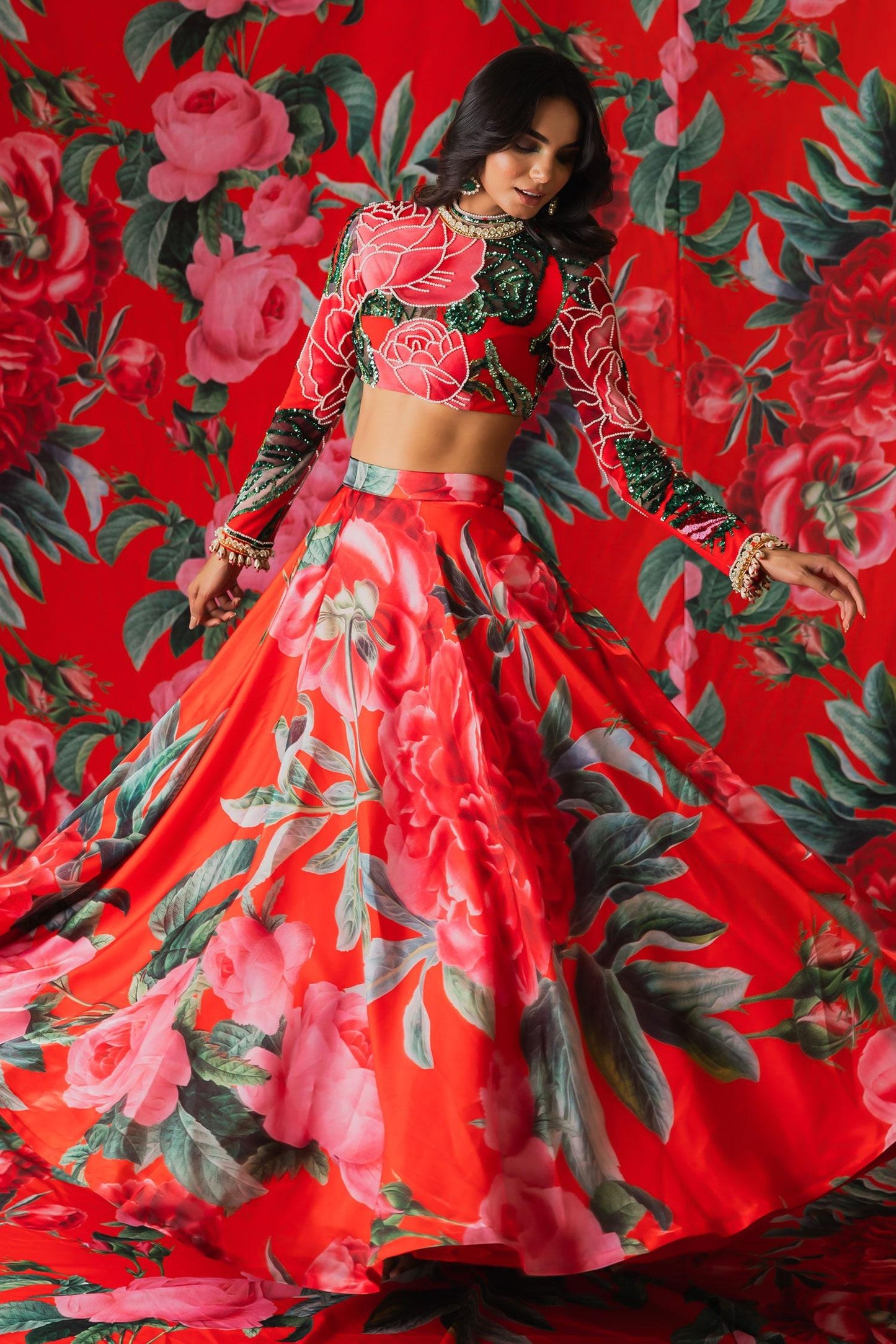 Red Net Sequins High Neck Gulaab Print Lehenga With Blouse - Designer Kurta Set