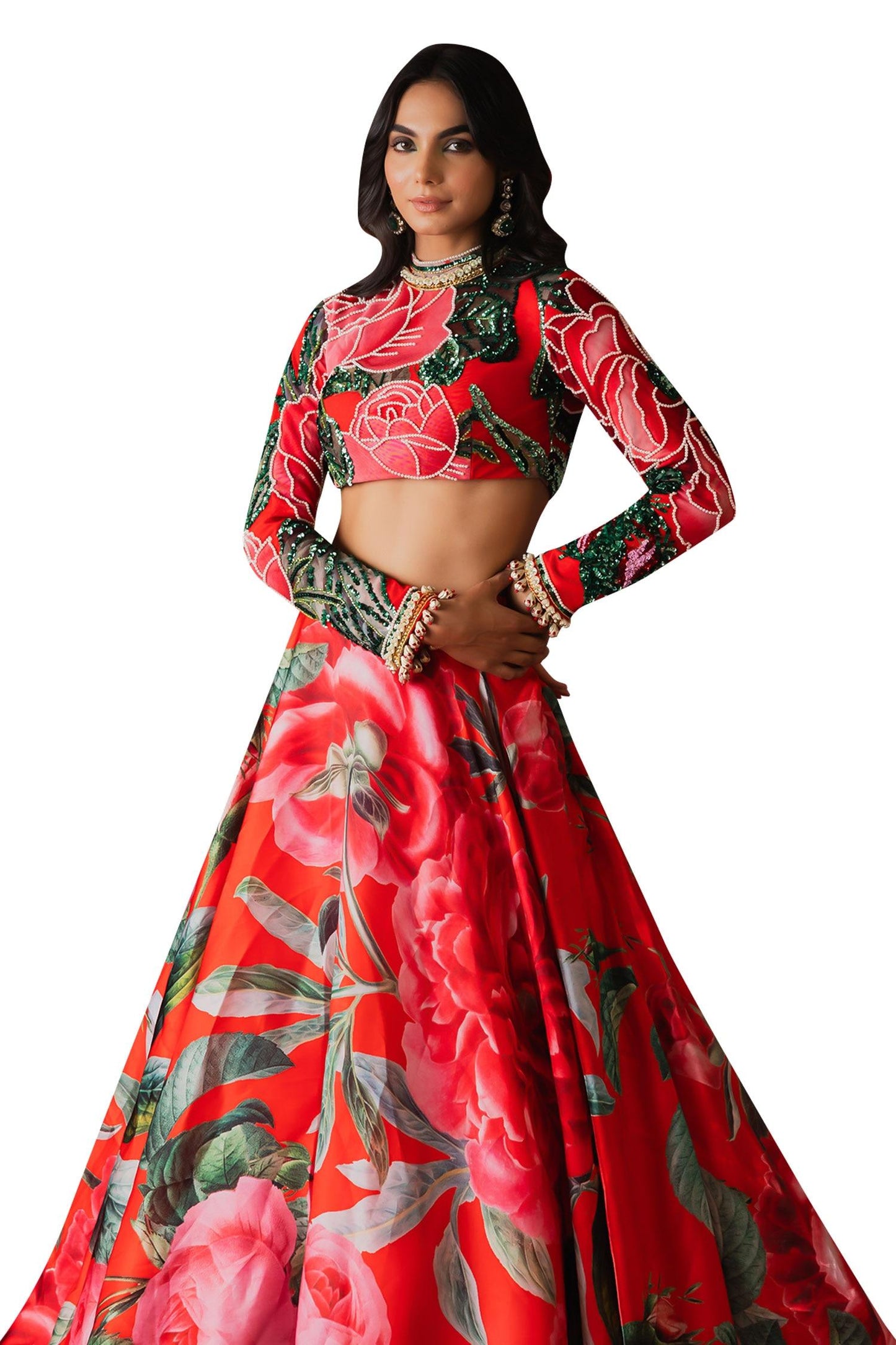 Red Net Sequins High Neck Gulaab Print Lehenga With Blouse - Designer Kurta Set