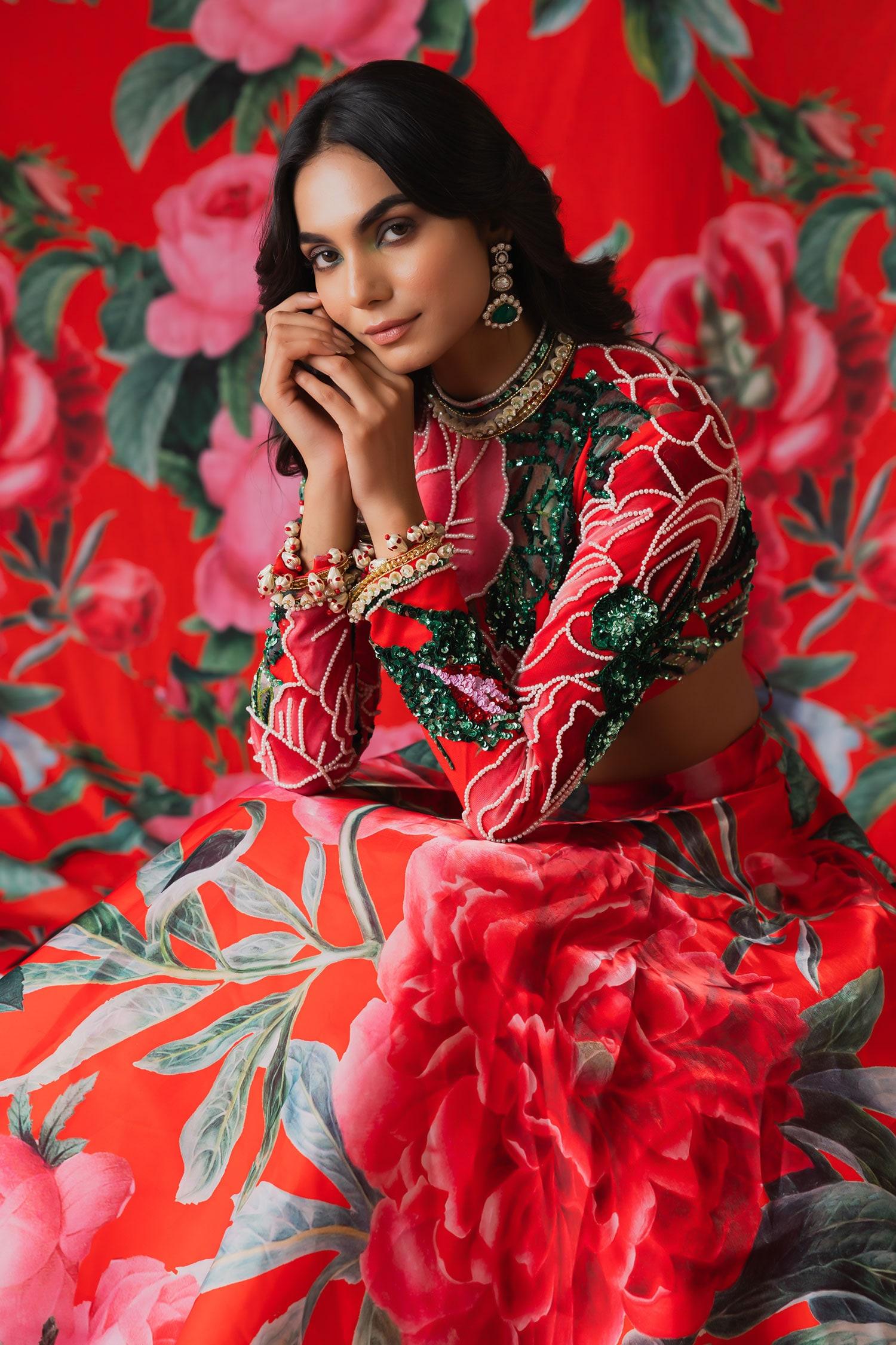 Red Net Sequins High Neck Gulaab Print Lehenga With Blouse - Designer Kurta Set