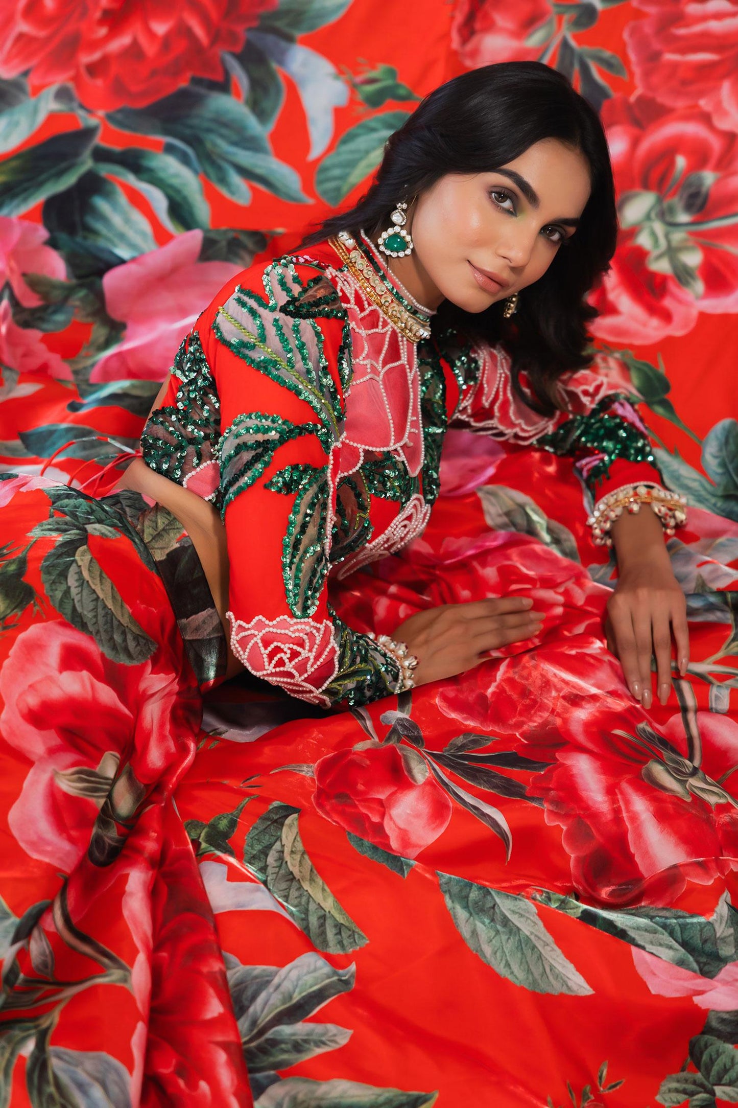 Red Net Sequins High Neck Gulaab Print Lehenga With Blouse - Designer Kurta Set