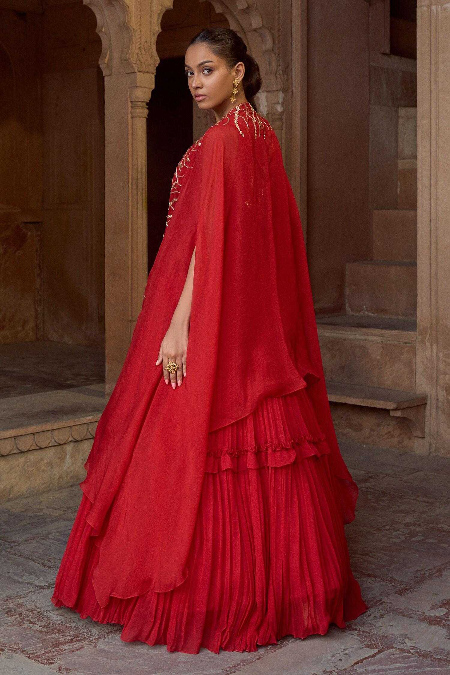 Red Organza, Georgette Embroidery Anarkali With Cape - Designer Kurta Set