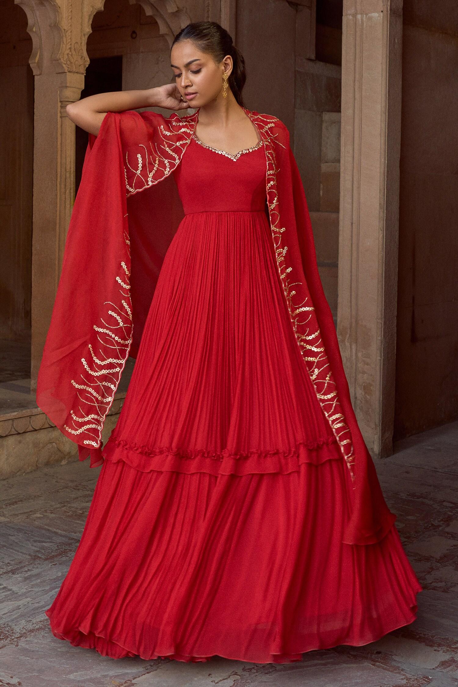 Red Organza, Georgette Embroidery Anarkali With Cape - Designer Kurta Set