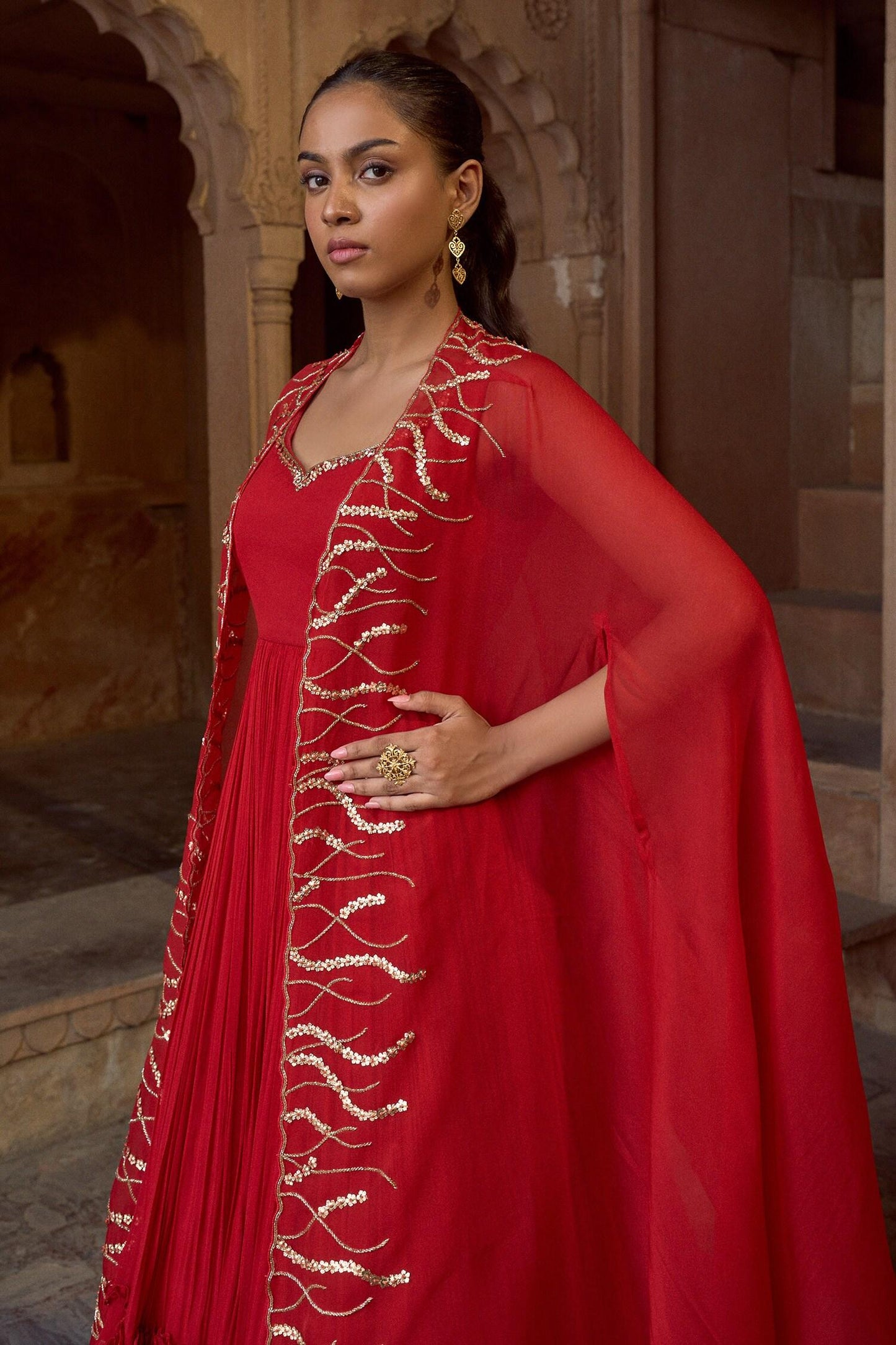 Red Organza, Georgette Embroidery Anarkali With Cape - Designer Kurta Set