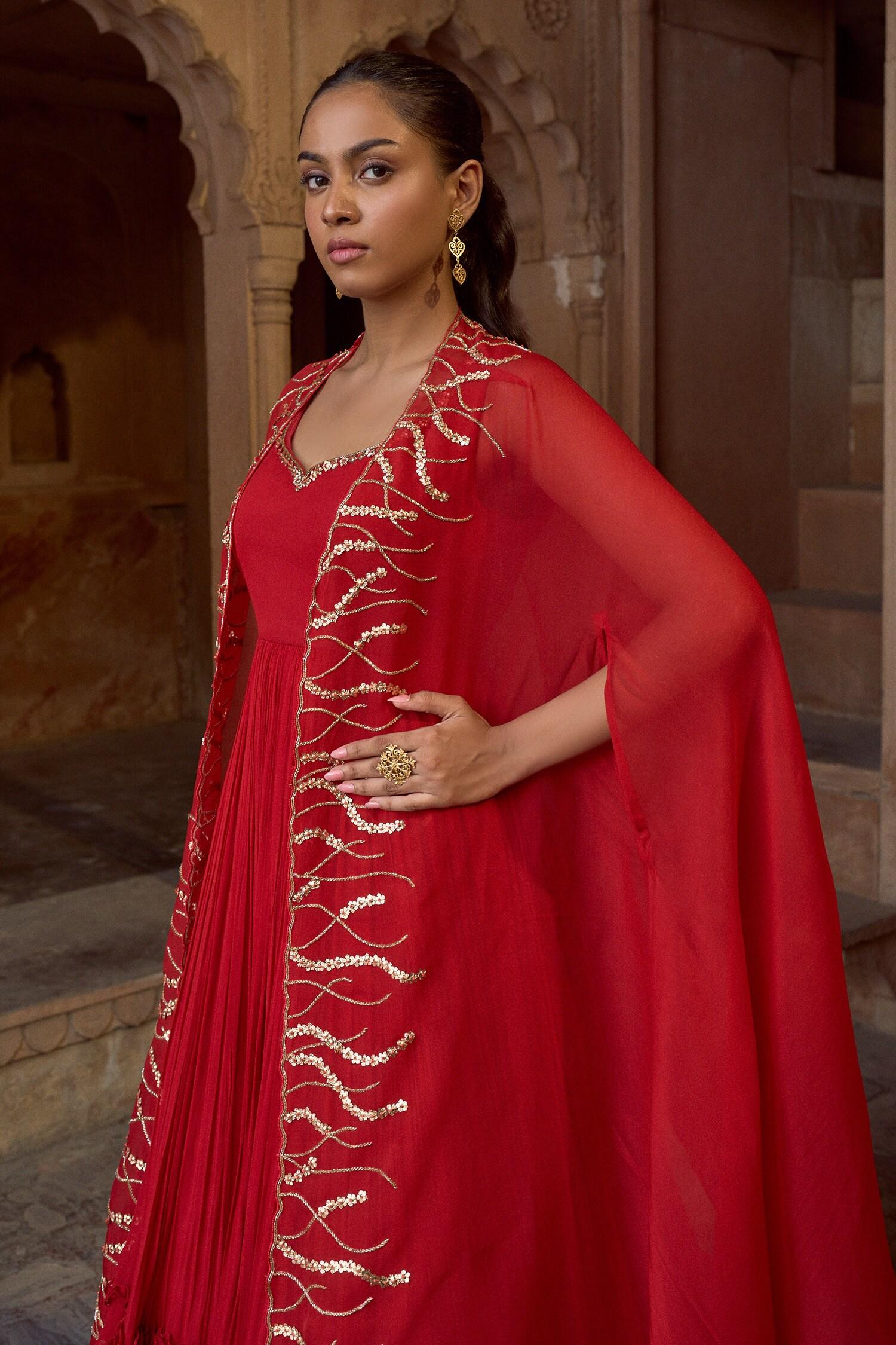 Red Organza, Georgette Embroidery Anarkali With Cape - Designer Kurta Set