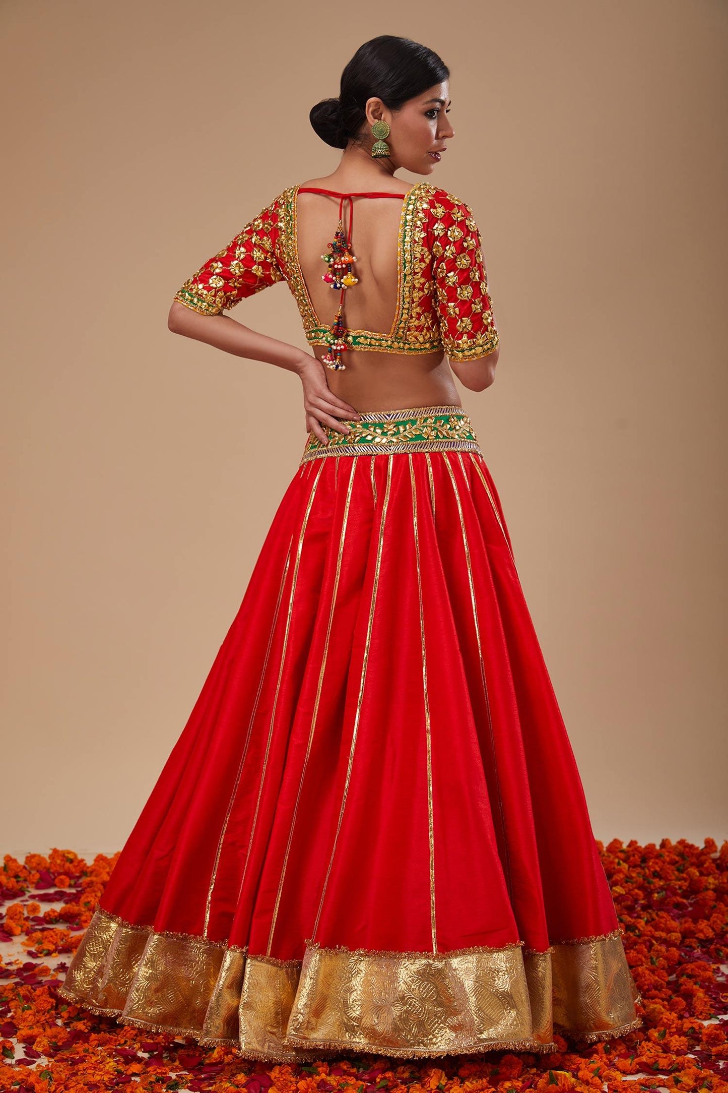 Red Organza Sequins, Embroidery, Gota Patti Round Neck Work Lehenga Set - Designer Kurta Set