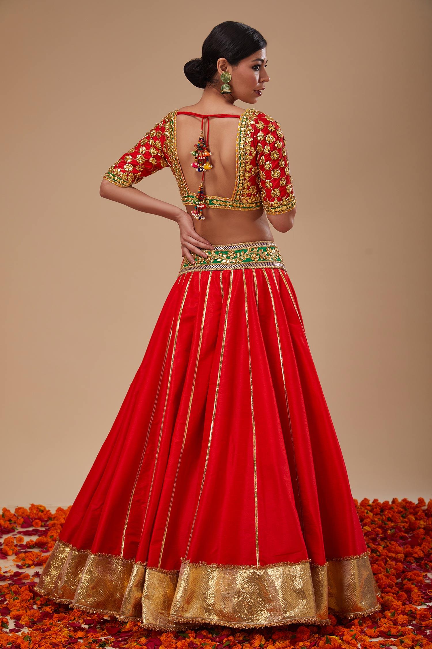 Red Organza Sequins, Embroidery, Gota Patti Round Neck Work Lehenga Set - Designer Kurta Set
