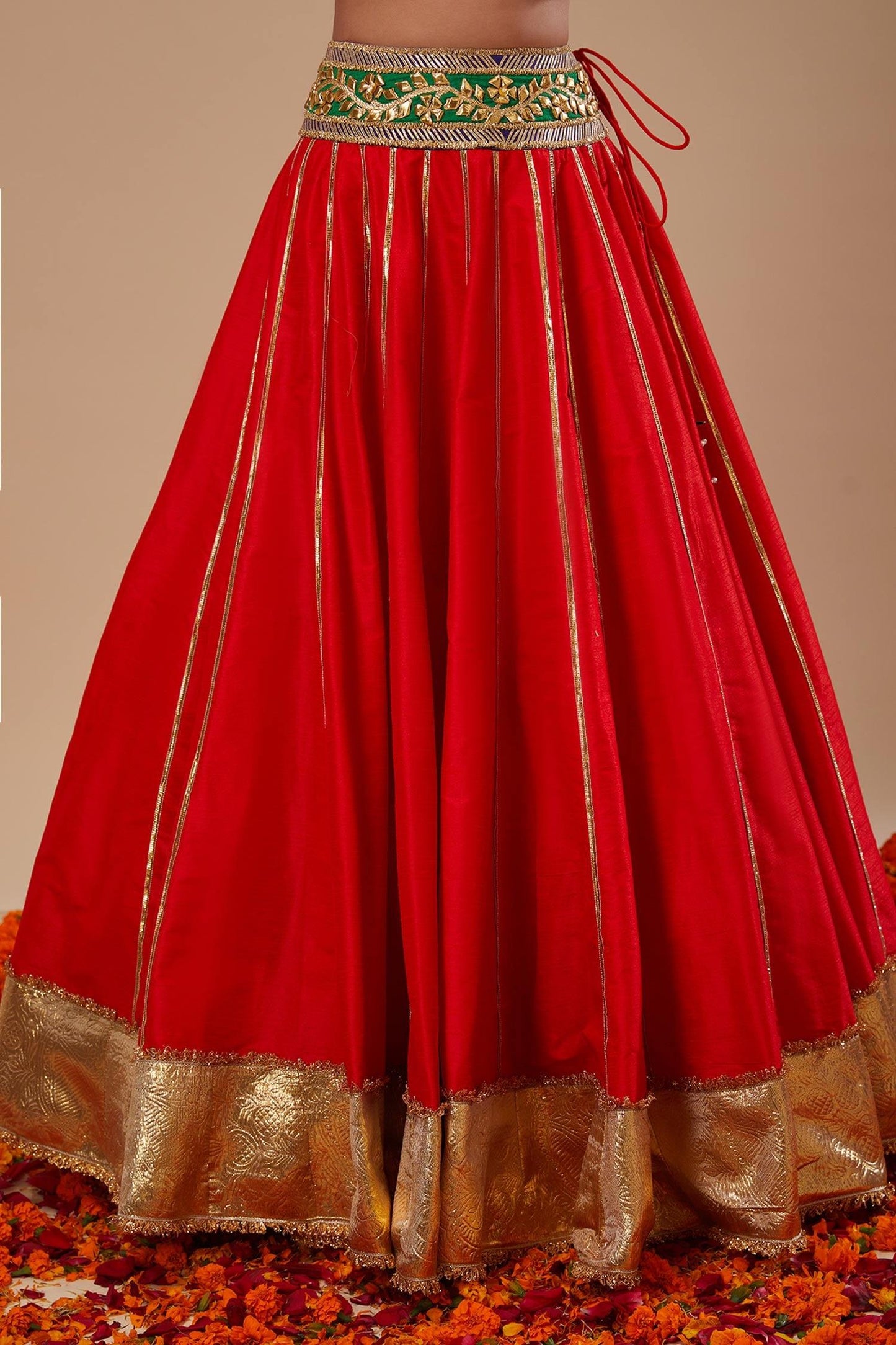 Red Organza Sequins, Embroidery, Gota Patti Round Neck Work Lehenga Set - Designer Kurta Set