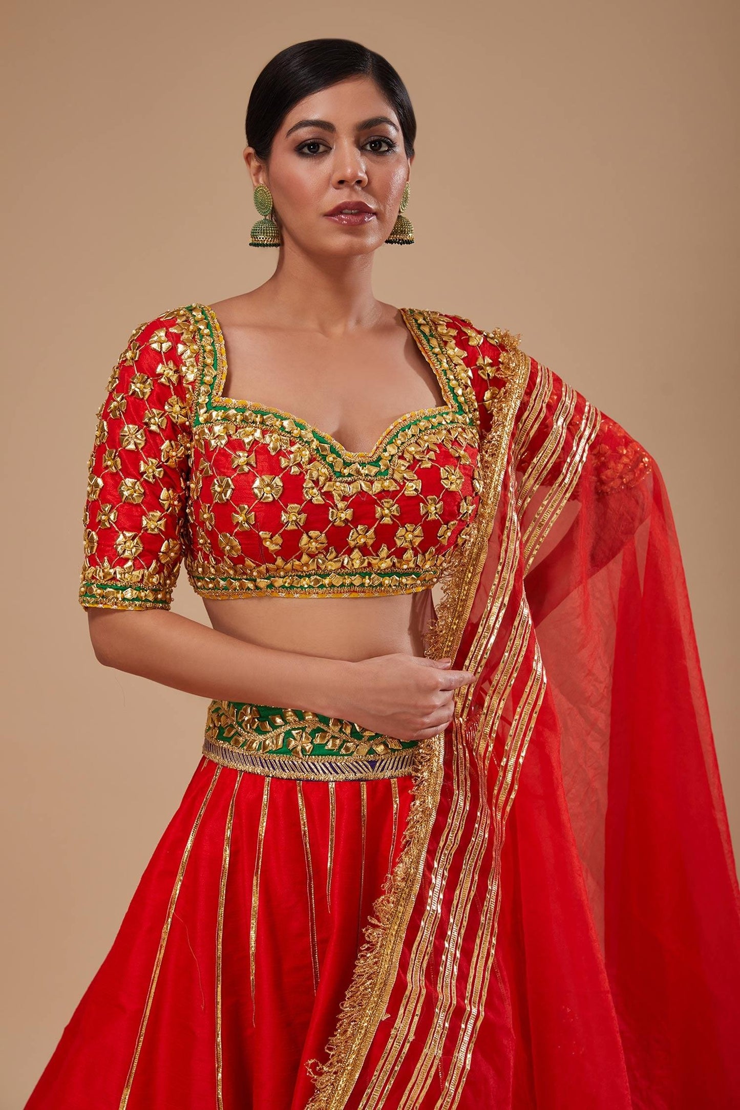 Red Organza Sequins, Embroidery, Gota Patti Round Neck Work Lehenga Set - Designer Kurta Set
