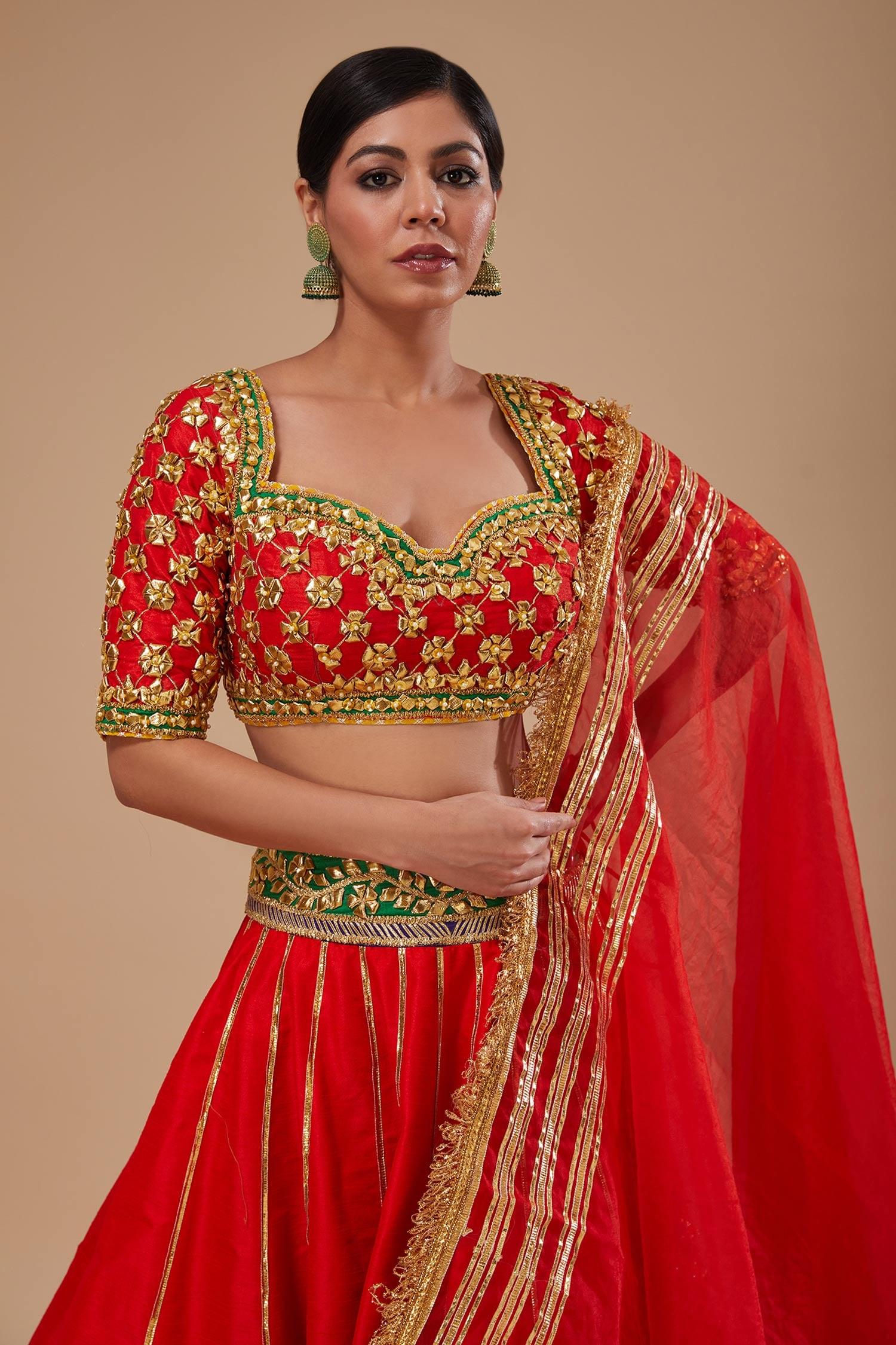 Red Organza Sequins, Embroidery, Gota Patti Round Neck Work Lehenga Set - Designer Kurta Set