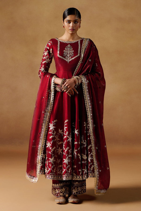 Red Organza Zari, Sequins Boat Neck Floral Embroidered Anarkali Set - Designer Kurta Set