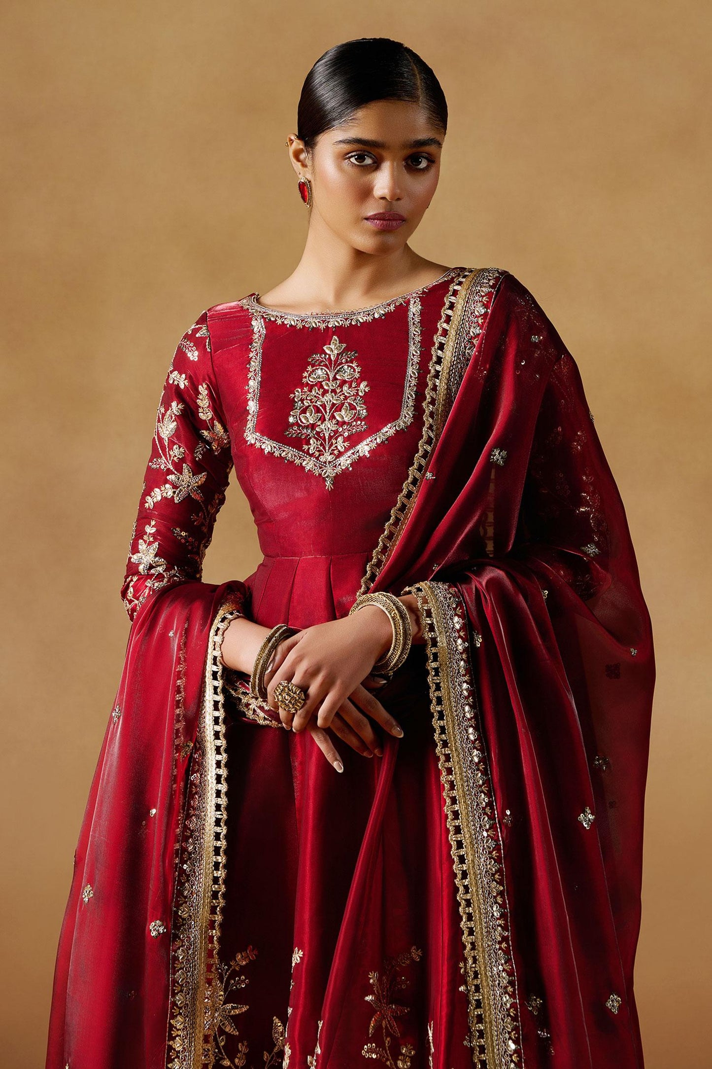 Red Organza Zari, Sequins Boat Neck Floral Embroidered Anarkali Set - Designer Kurta Set