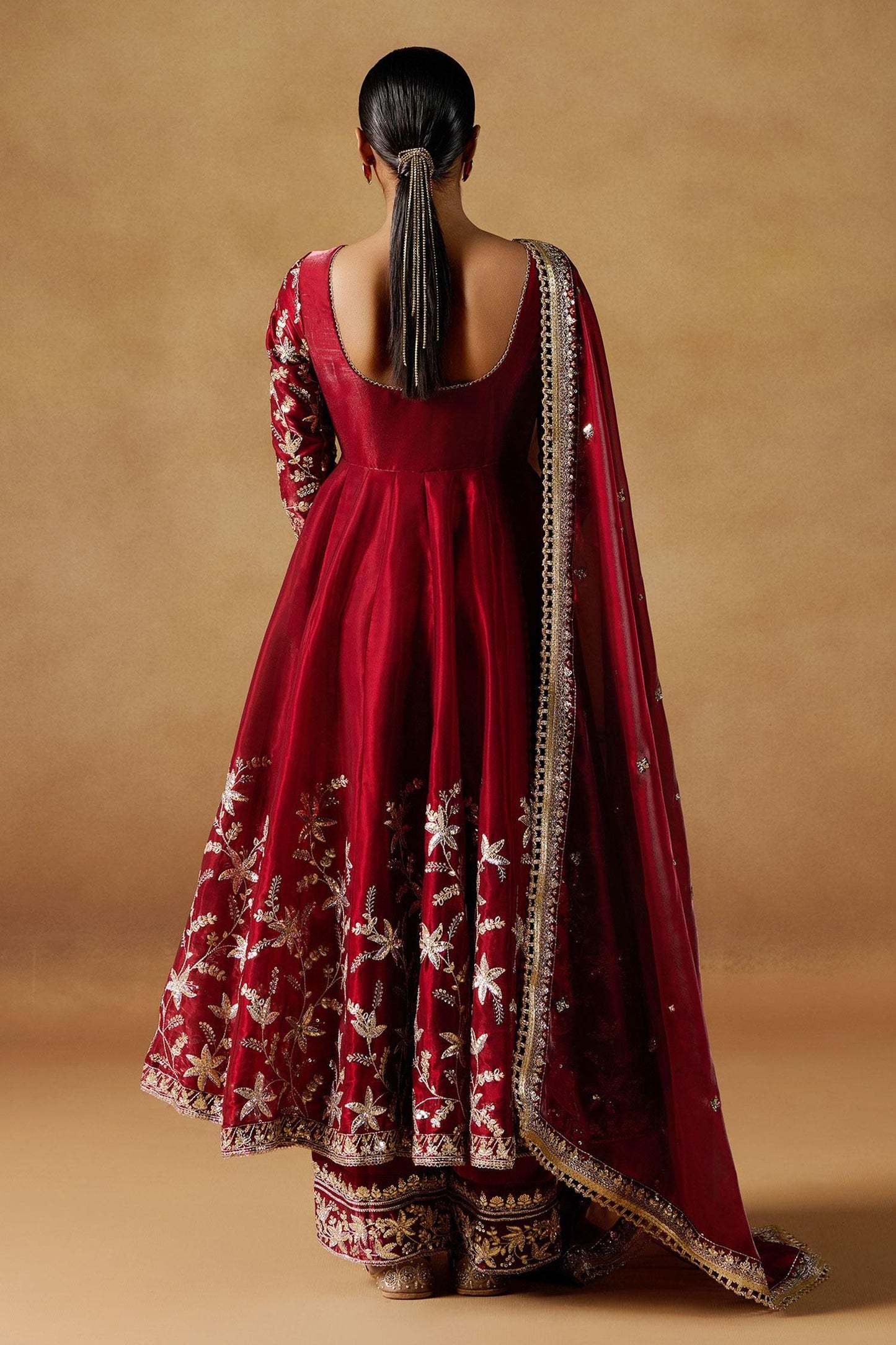Red Organza Zari, Sequins Boat Neck Floral Embroidered Anarkali Set - Designer Kurta Set