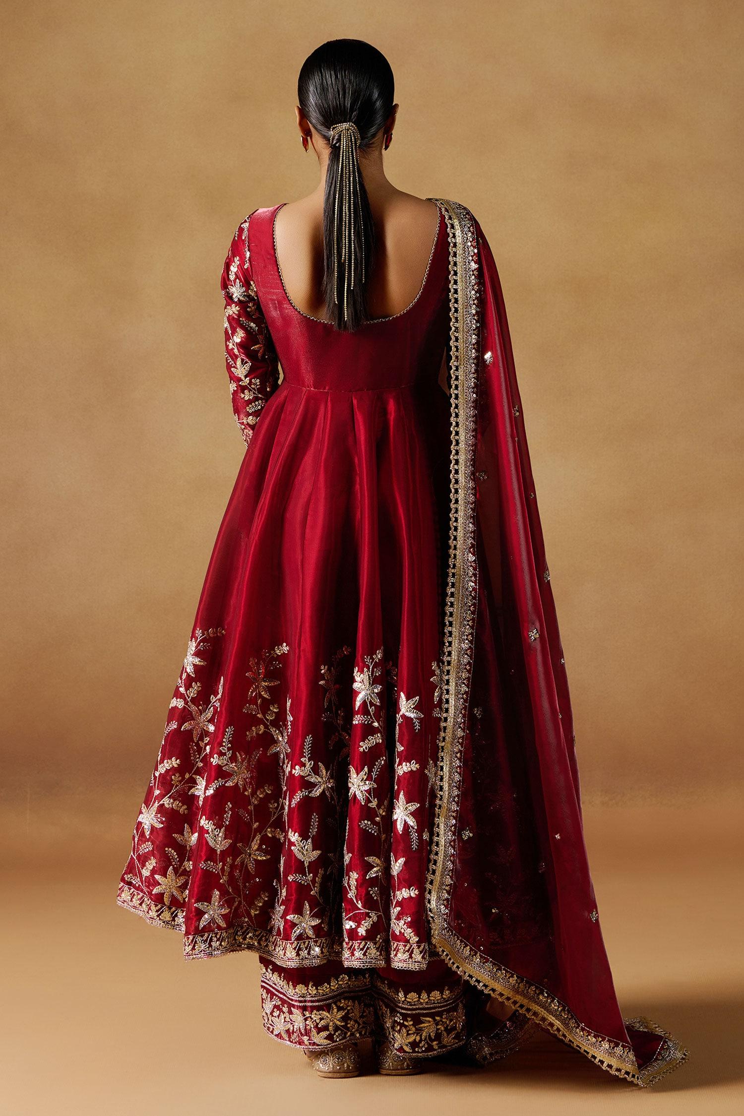 Red Organza Zari, Sequins Boat Neck Floral Embroidered Anarkali Set - Designer Kurta Set