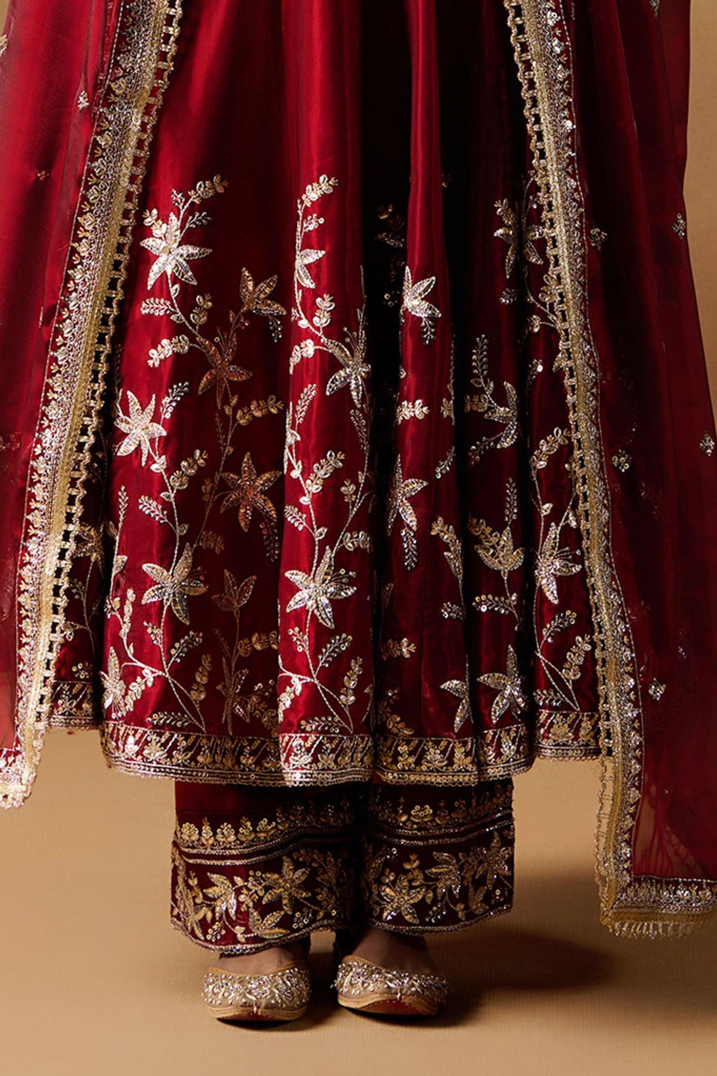 Red Organza Zari, Sequins Boat Neck Floral Embroidered Anarkali Set - Designer Kurta Set
