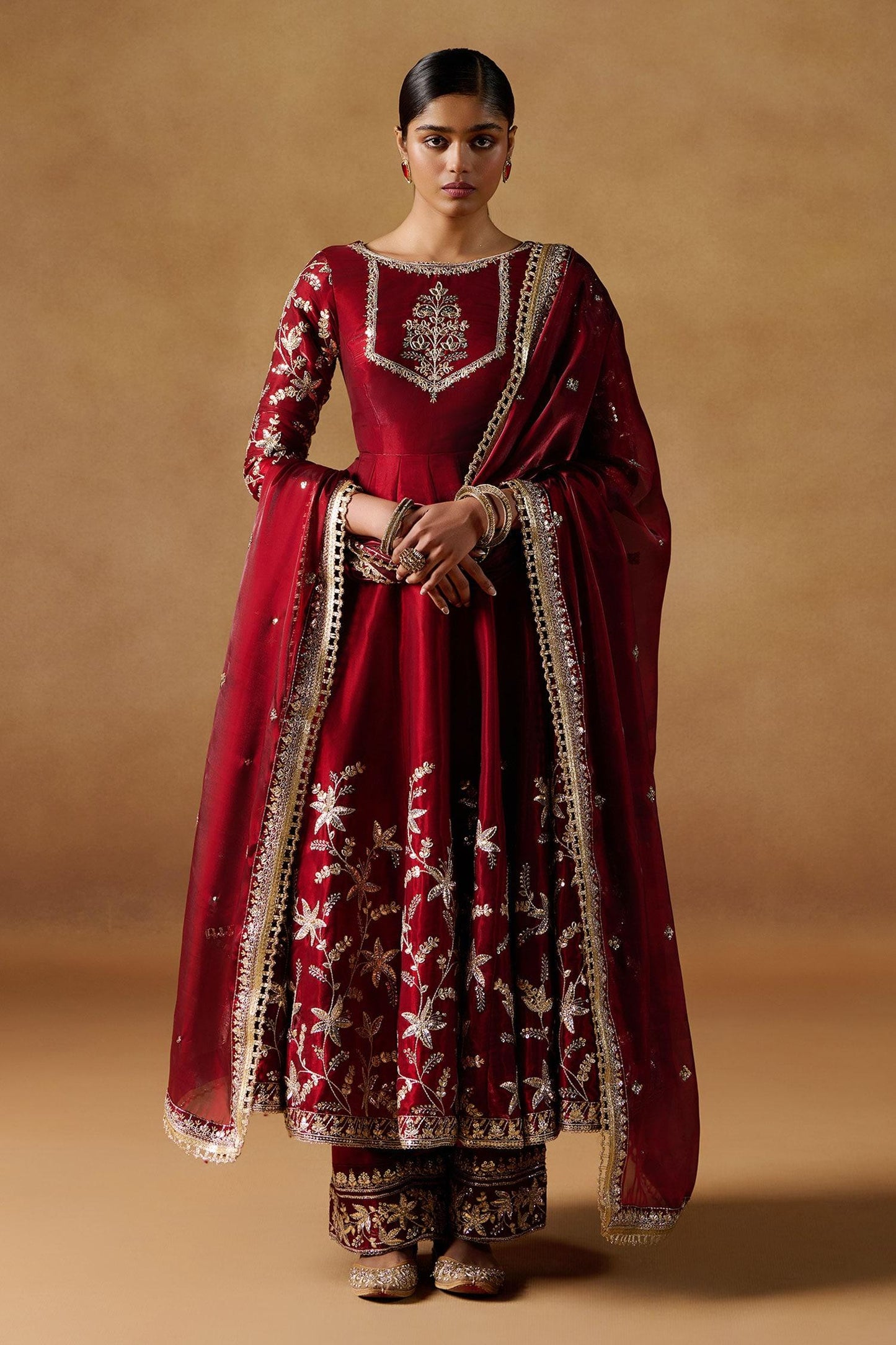Red Organza Zari, Sequins Boat Neck Floral Embroidered Anarkali Set - Designer Kurta Set
