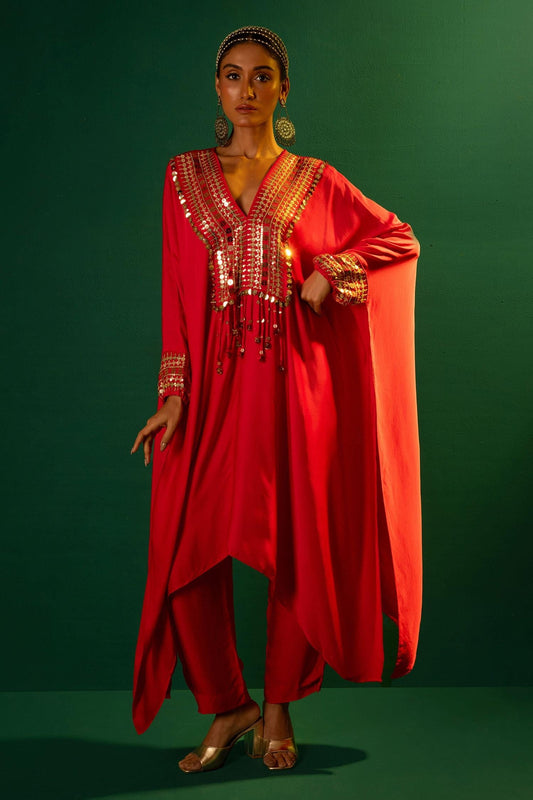 Red Satin Embroidery V-neck Morrocon Hand Kaftan And Pant Set - Designer Kurta Set