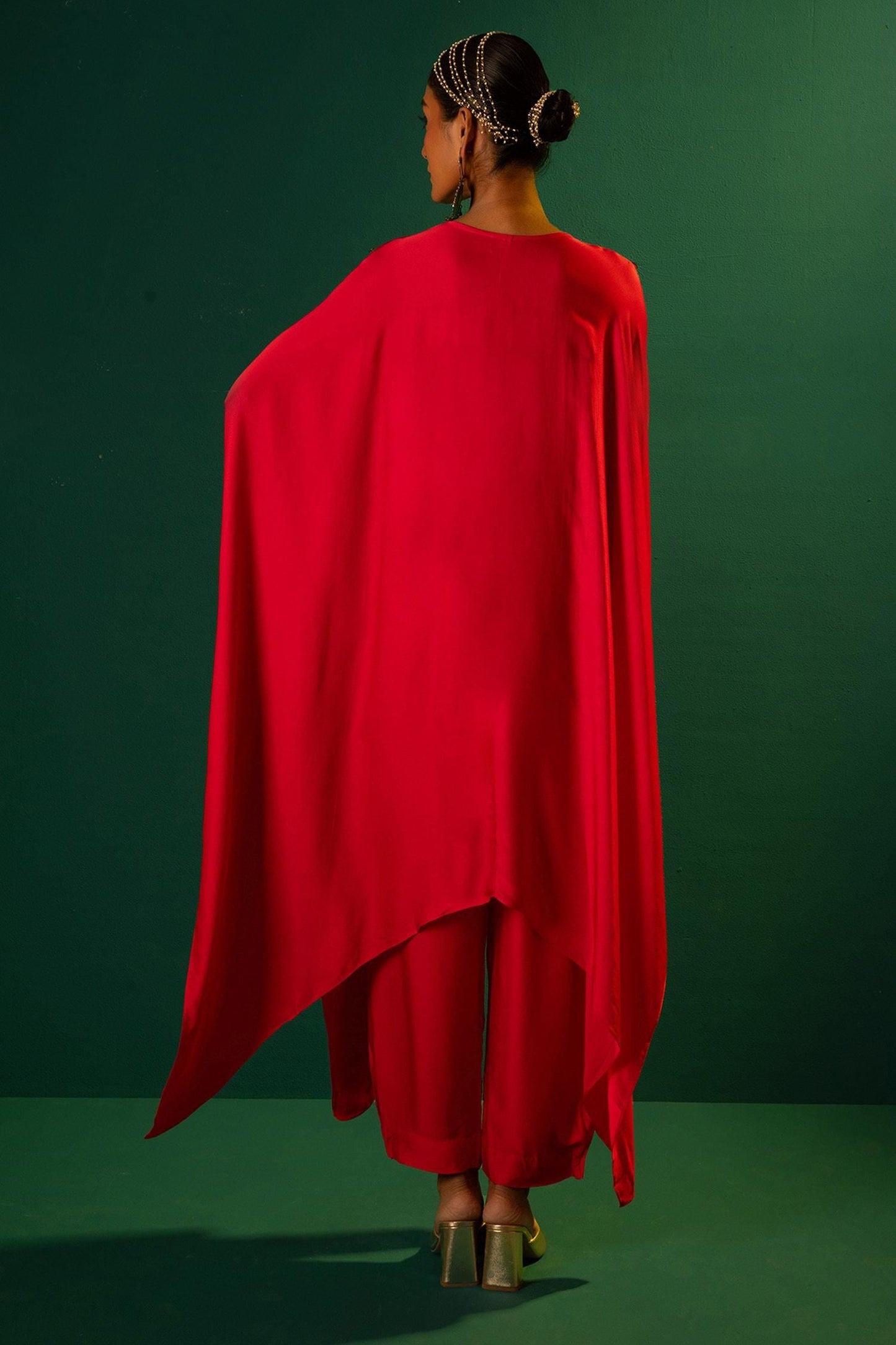 Red Satin Embroidery V-neck Morrocon Hand Kaftan And Pant Set - Designer Kurta Set