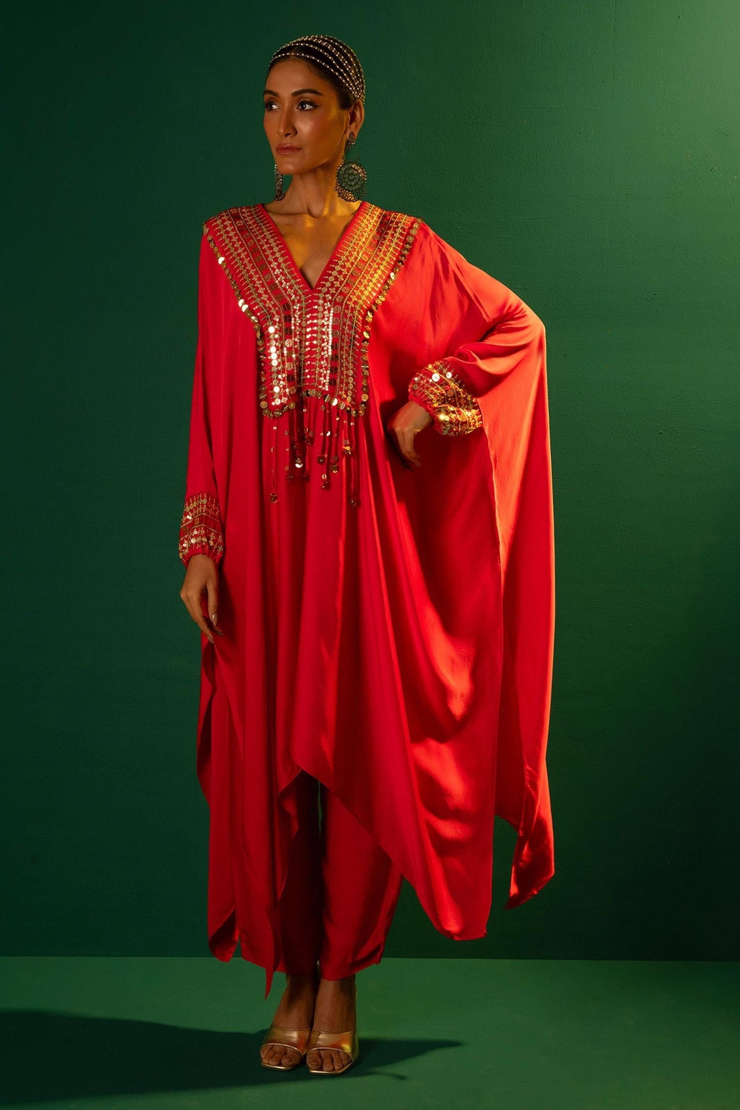 Red Satin Embroidery V-neck Morrocon Hand Kaftan And Pant Set - Designer Kurta Set