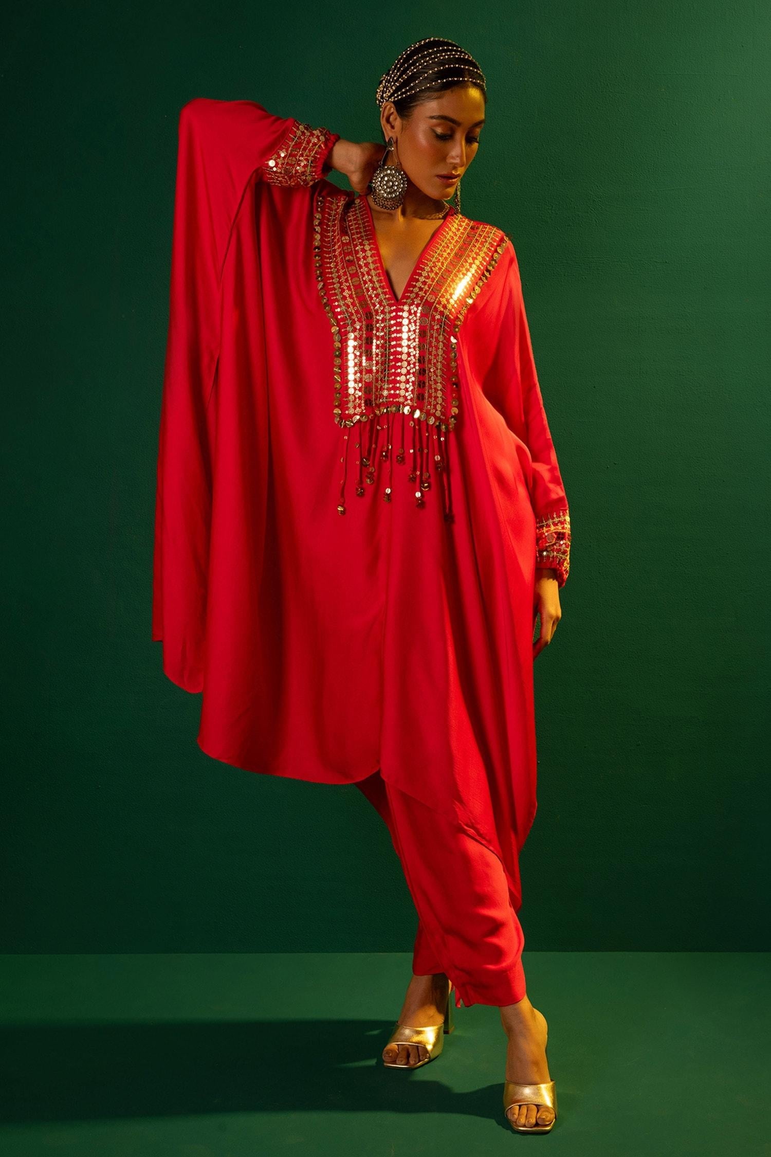 Red Satin Embroidery V-neck Morrocon Hand Kaftan And Pant Set - Designer Kurta Set