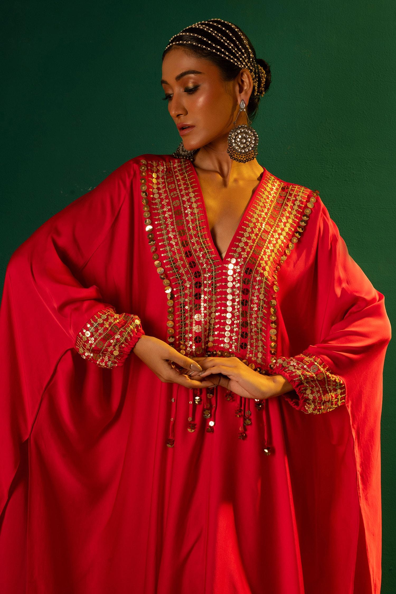 Red Satin Embroidery V-neck Morrocon Hand Kaftan And Pant Set - Designer Kurta Set