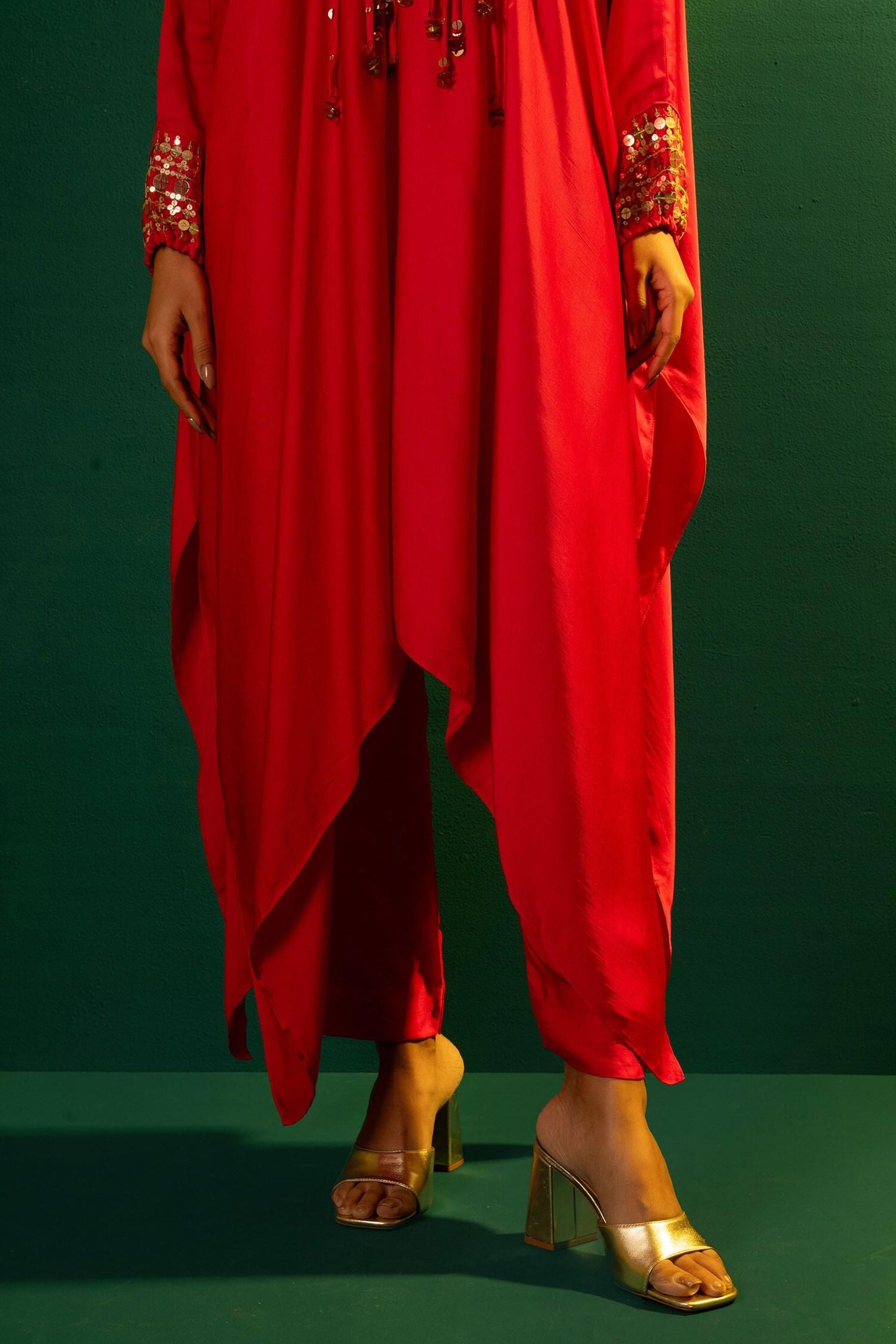 Red Satin Embroidery V-neck Morrocon Hand Kaftan And Pant Set - Designer Kurta Set