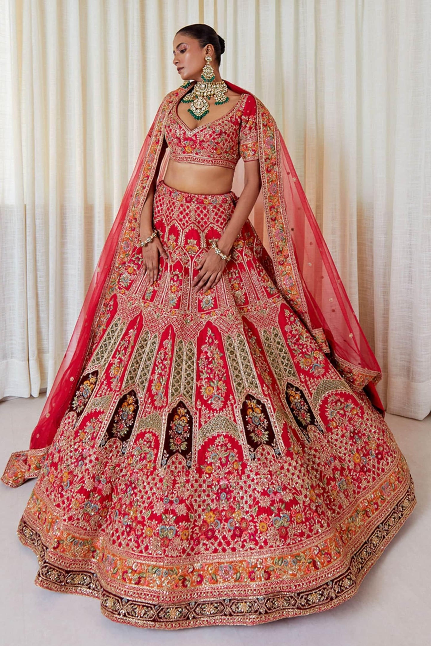 Red Silk Beads, Sequins Sweetheart Neck Zardozi Embroidered Lehenga Set - Designer Kurta Set