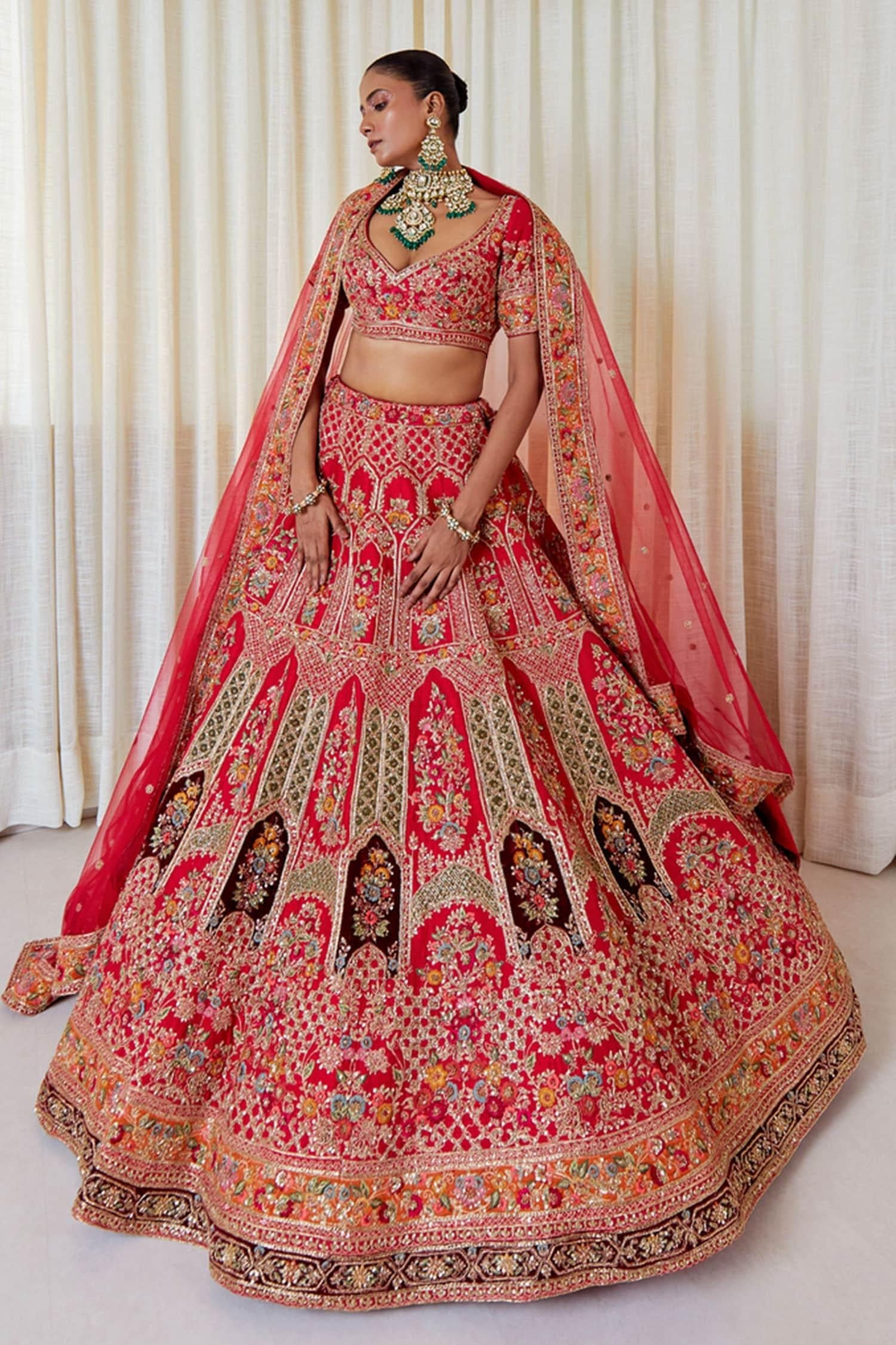 Red Silk Beads, Sequins Sweetheart Neck Zardozi Embroidered Lehenga Set - Designer Kurta Set