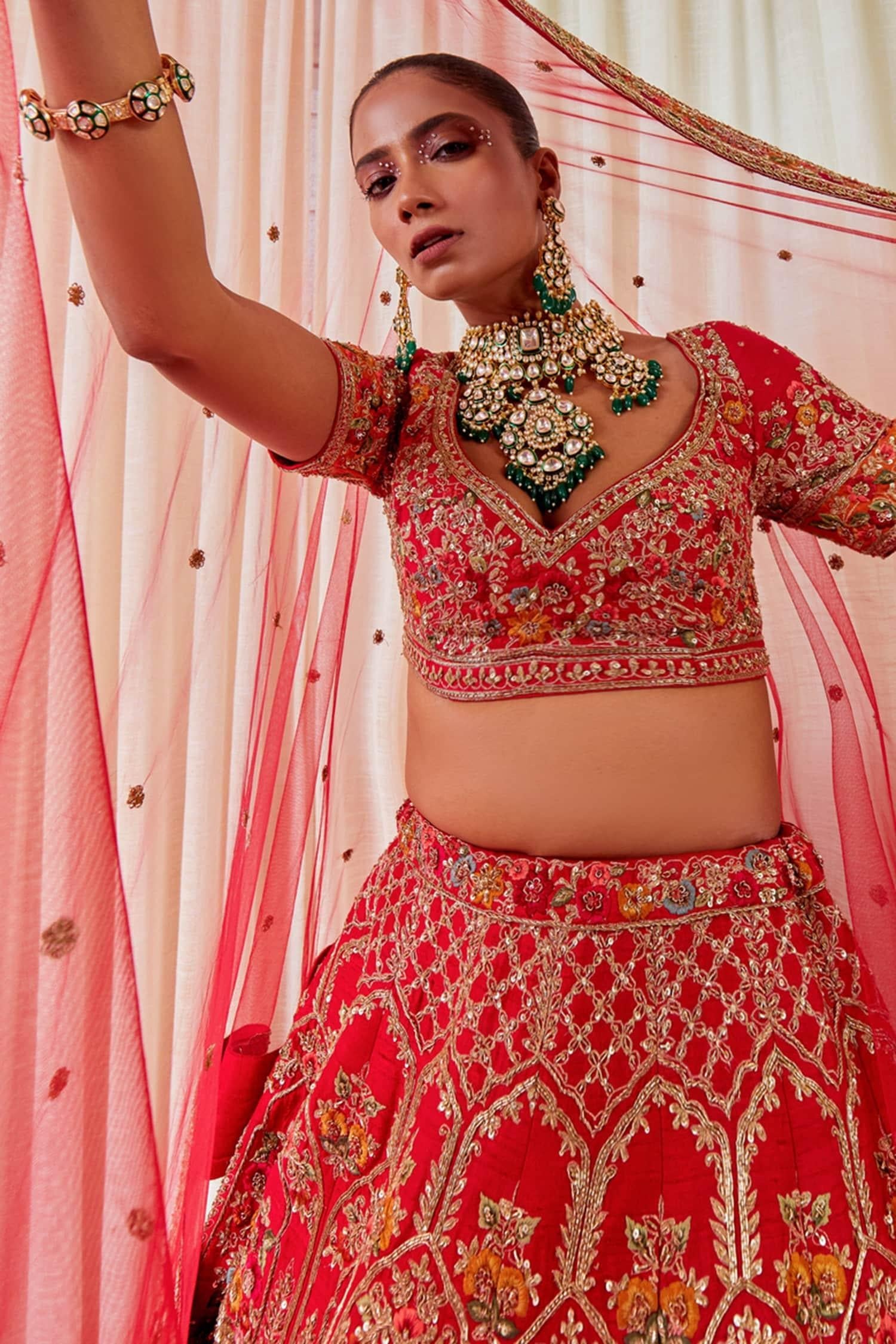 Red Silk Beads, Sequins Sweetheart Neck Zardozi Embroidered Lehenga Set - Designer Kurta Set