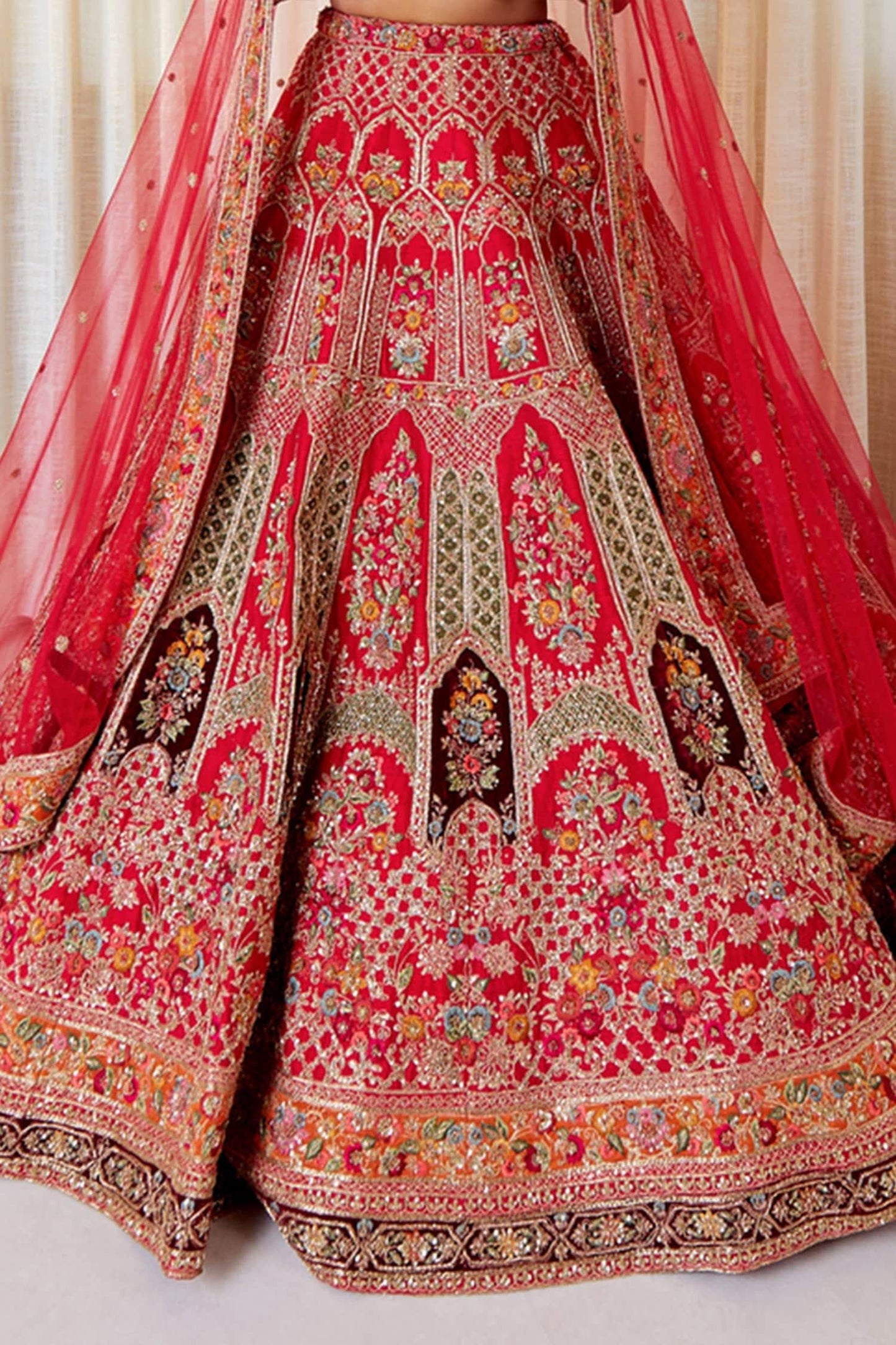 Red Silk Beads, Sequins Sweetheart Neck Zardozi Embroidered Lehenga Set - Designer Kurta Set